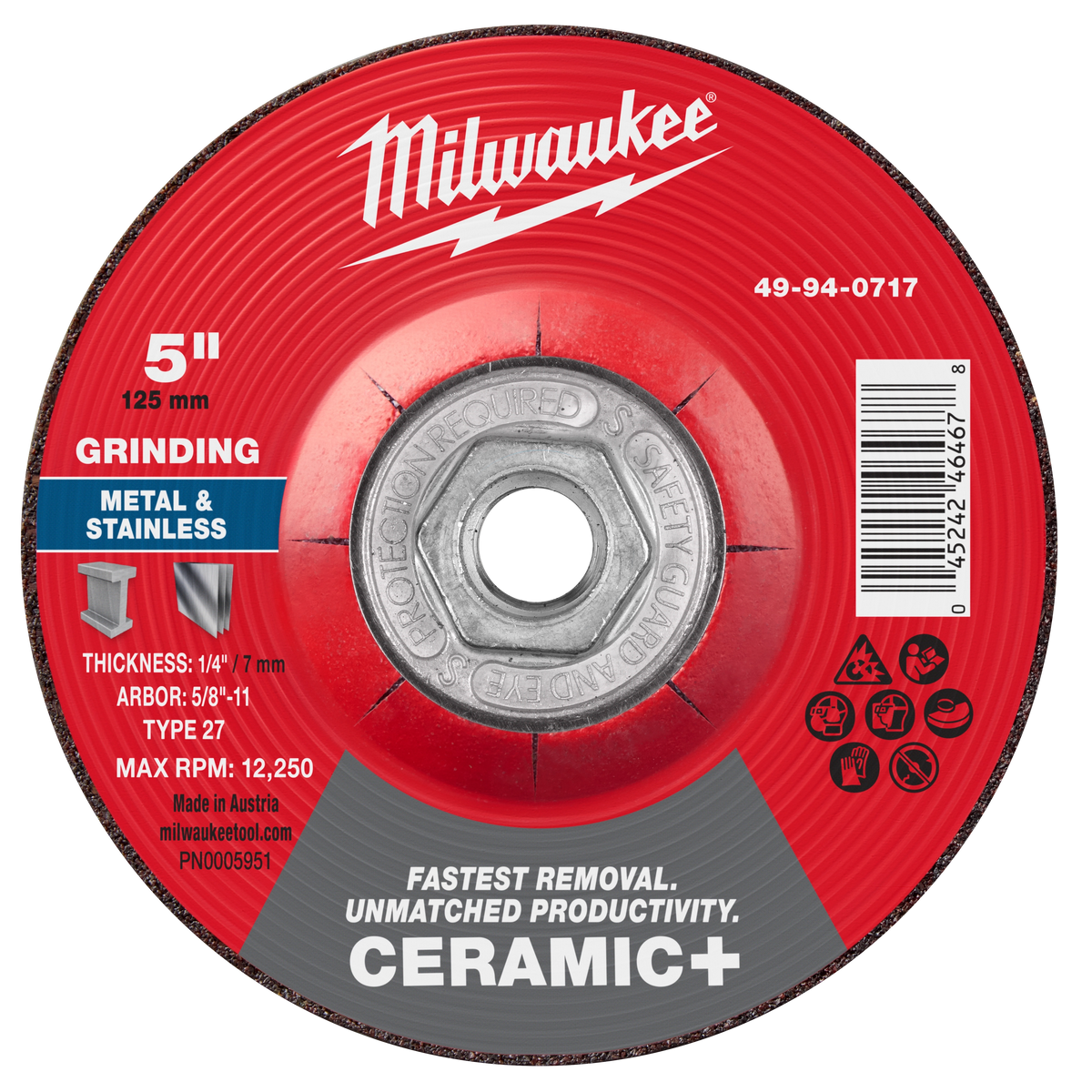 Milwaukee 49-94-0717 5" x 1/4" x 5/8"-11 Ceramic+ Metal Grinding Wheel - Type 27 (Pack of 5)