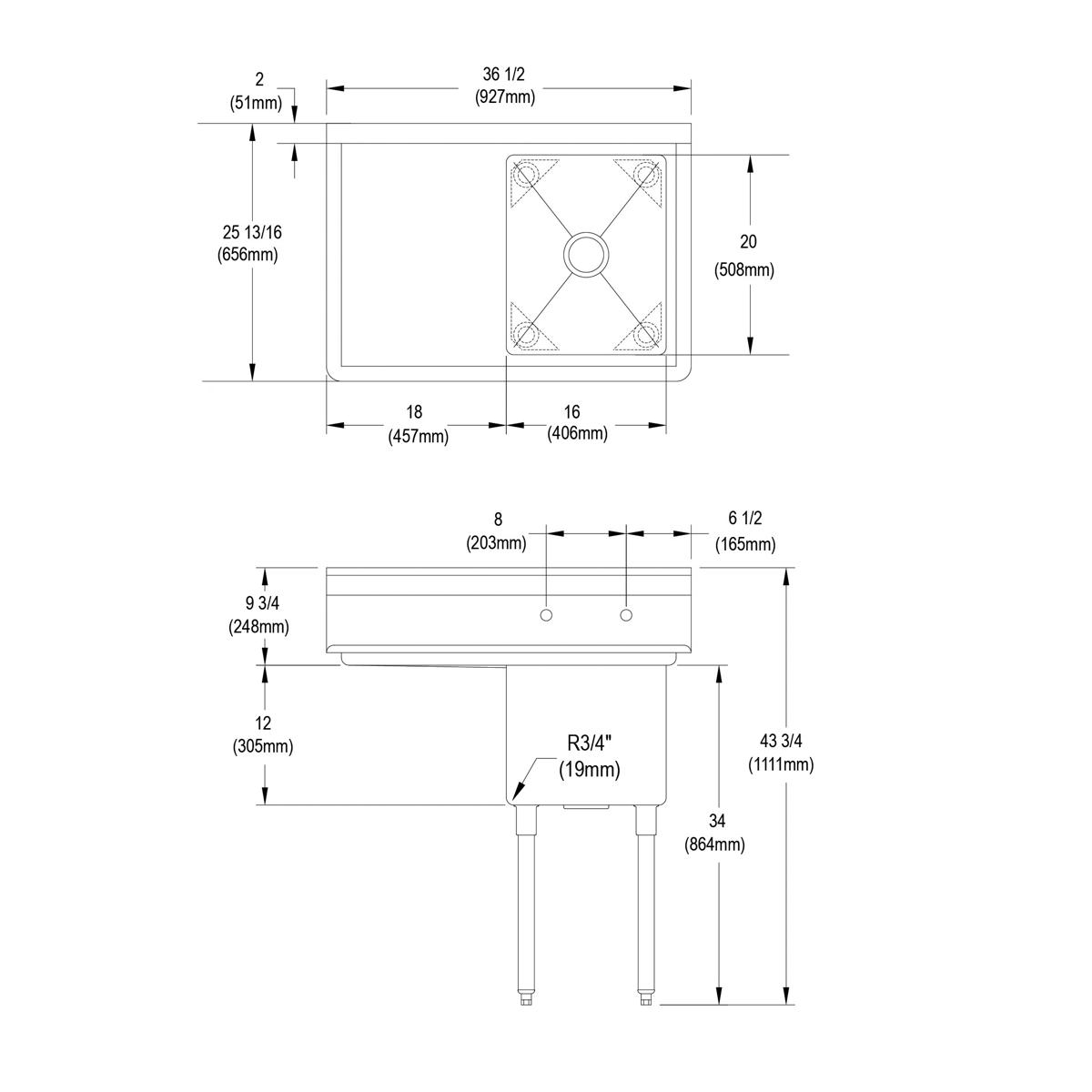 Elkay Dependabilt Stainless Steel 36-1/2" x 25-13/16" x 43-3/4" 16 Gauge One Compartment Sink w/ 18" Left Drainboard and Stainless Steel Legs 14-1C16X20-L-18X