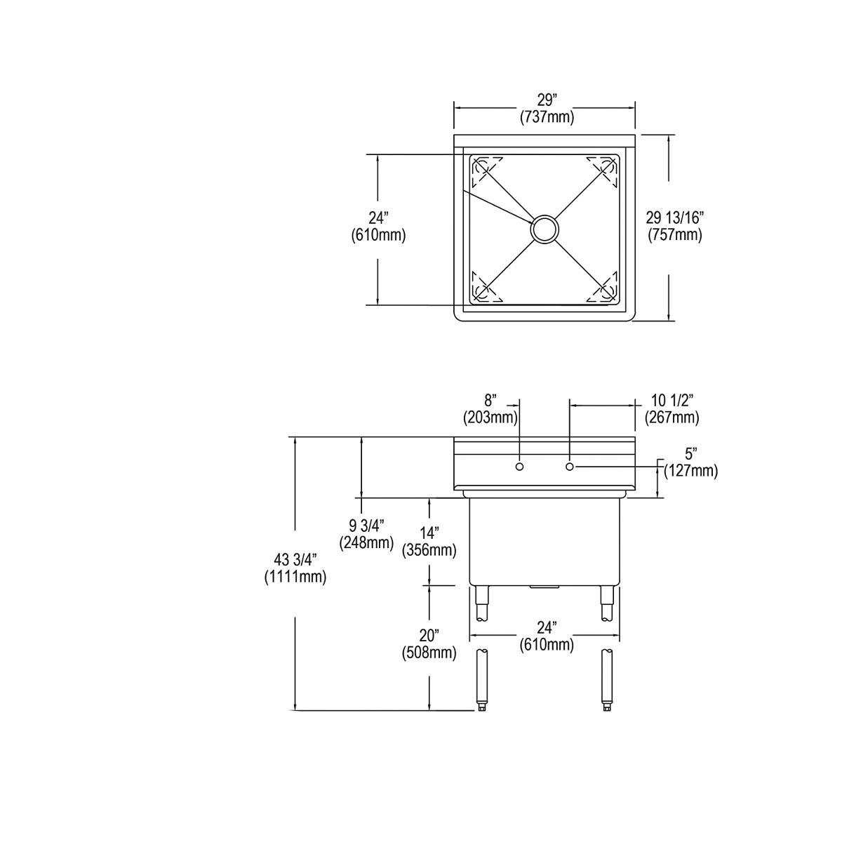 Elkay Dependabilt Stainless Steel 29" x 29-13/16" x 43-3/4" 16 Gauge One Compartment Sink with Stainless Steel Legs 14-1C24X24-0X
