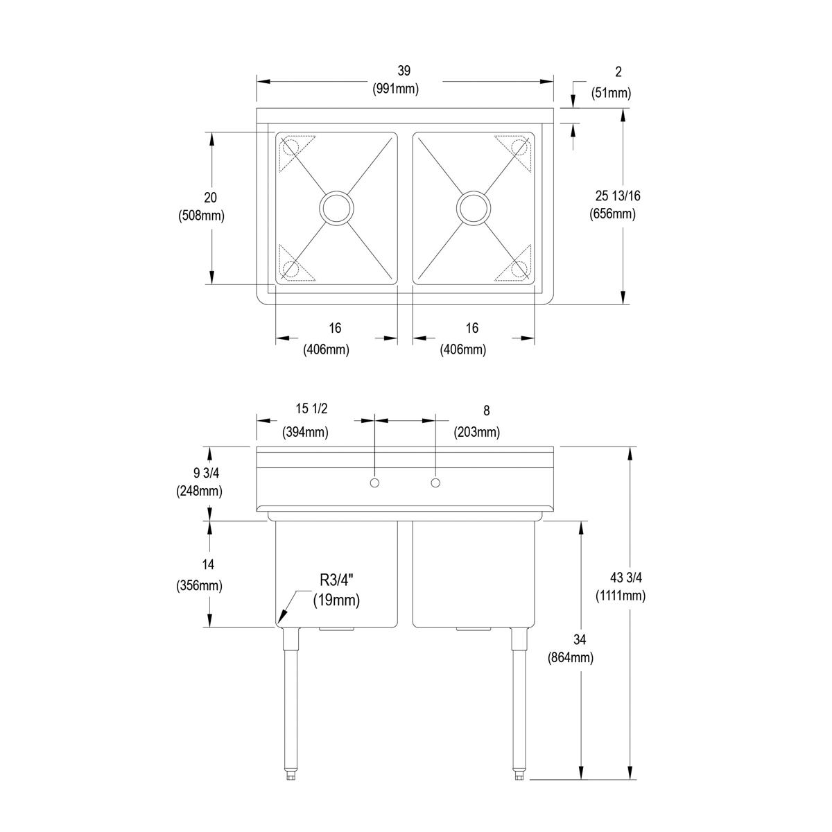 Elkay Dependabilt Stainless Steel 39" x 25-13/16" x 43-3/4" 16 Gauge Two Compartment Sink with Stainless Steel Legs 14-2C16X20-0X
