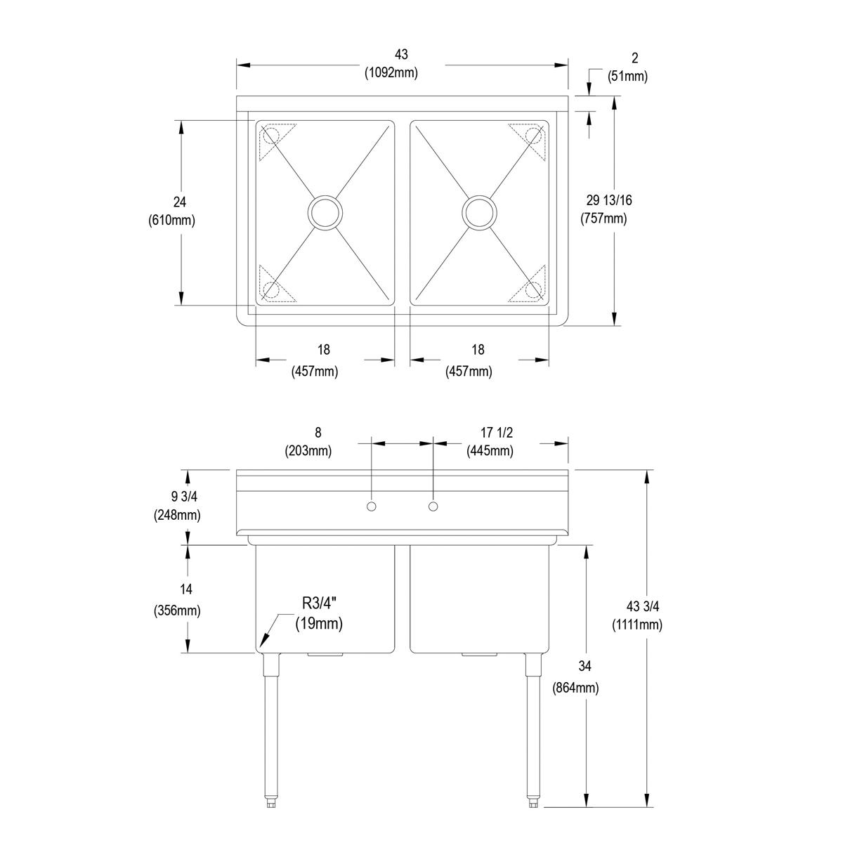 Elkay Dependabilt Stainless Steel 43" x 29-13/16" x 43-3/4" 16 Gauge Two Compartment Sink with Stainless Steel Legs 14-2C18X24-0X