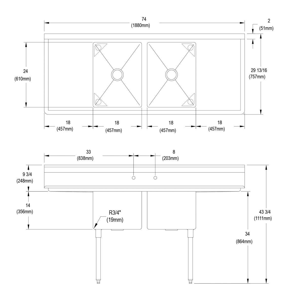 Elkay Dependabilt Stainless Steel 74" x 29-13/16" x 43-3/4" 16 Gauge Two Compartment Sink w/ 18" Left and Right Drainboards and Stainless Steel Legs 14-2C18X24-2-18X