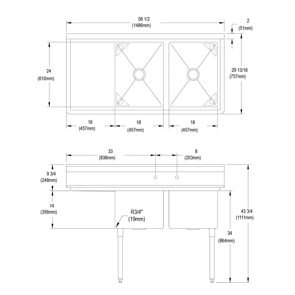 Elkay Dependabilt Stainless Steel 58-1/2" x 29-13/16" x 43-3/4" 16 Gauge Two Compartment Sink w/ 18" Left Drainboard and Stainless Steel Legs 14-2C18X24-L-18X