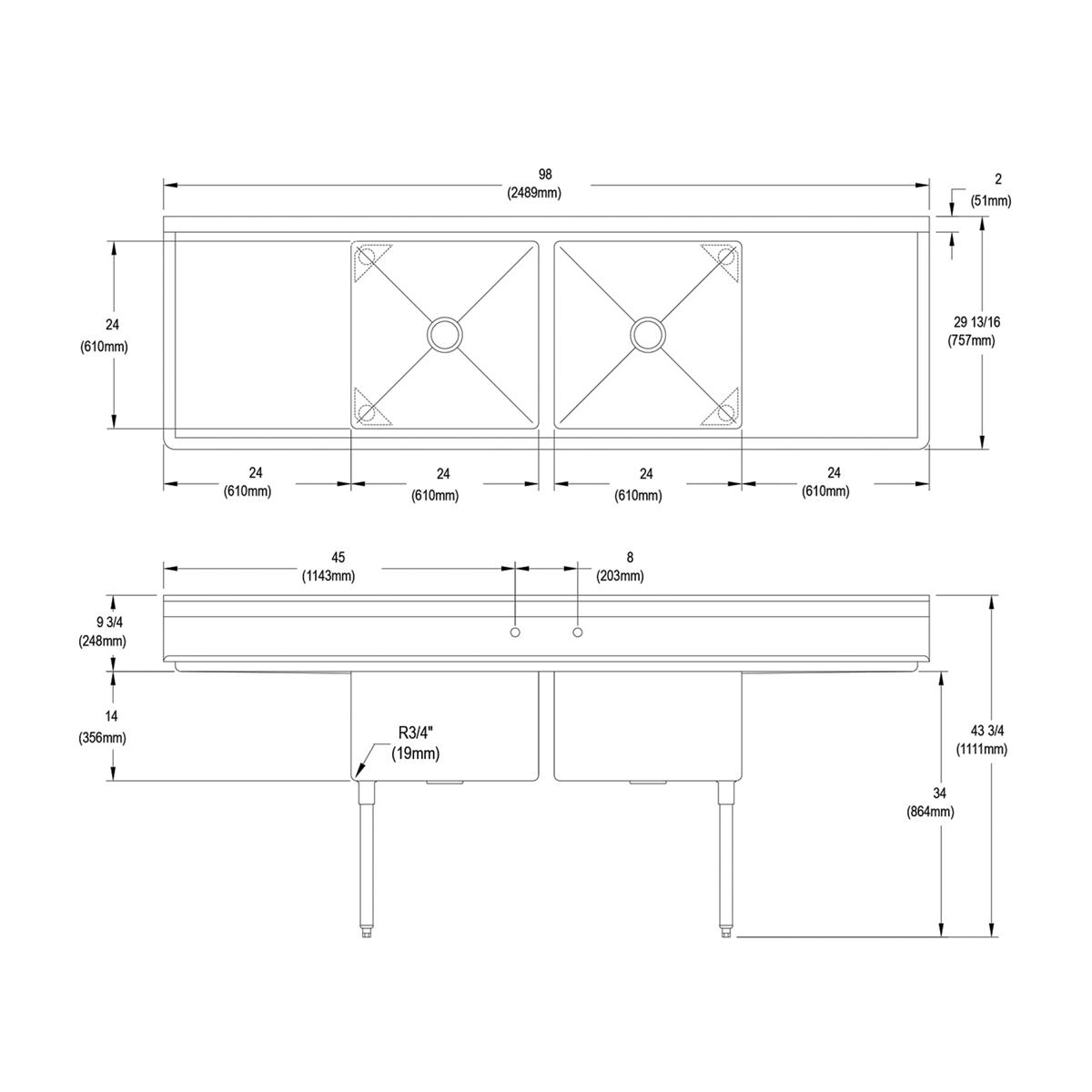 Elkay Dependabilt Stainless Steel 98" x 29-13/16" x 43-3/4" 16 Gauge Two Compartment Sink w/ 24" Left and Right Drainboards and Stainless Steel Legs 14-2C24X24-2-24X
