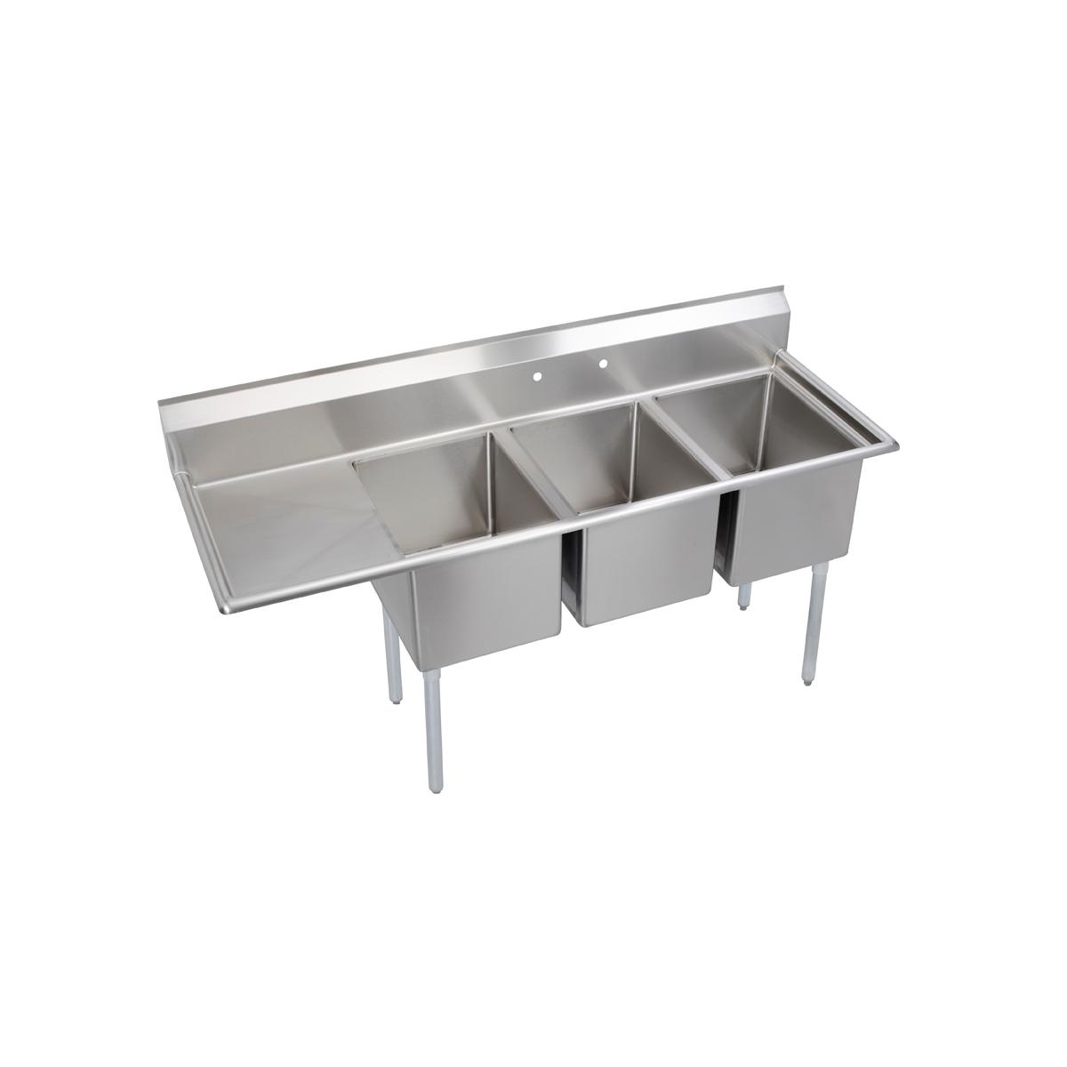 Elkay Dependabilt Stainless Steel 72-1/2" x 25-13/16" x 43-3/4" 16 Gauge Three Compartment Sink w/ 18" Left Drainboard and Stainless Steel Legs 14-3C16X20-L-18X