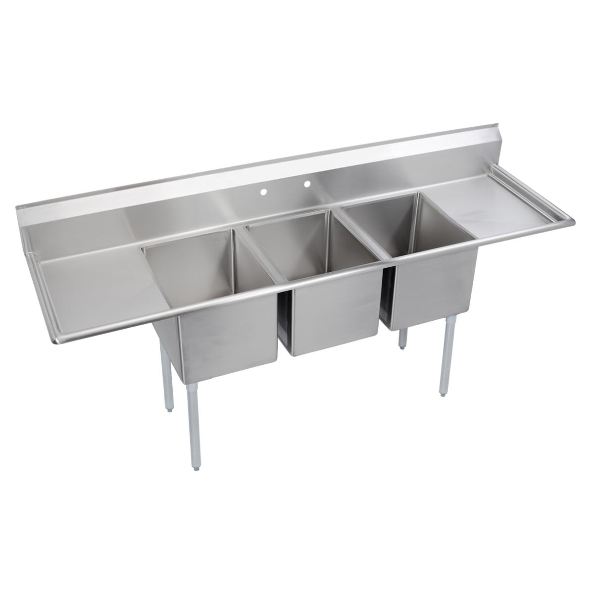 Elkay Dependabilt Stainless Steel 88" x 25-13/16" x 43-3/4" 16 Gauge Three Compartment Sink w/ 18" Left and Right Drainboards and Stainless Steel Legs 14-3C16X20-2-18X