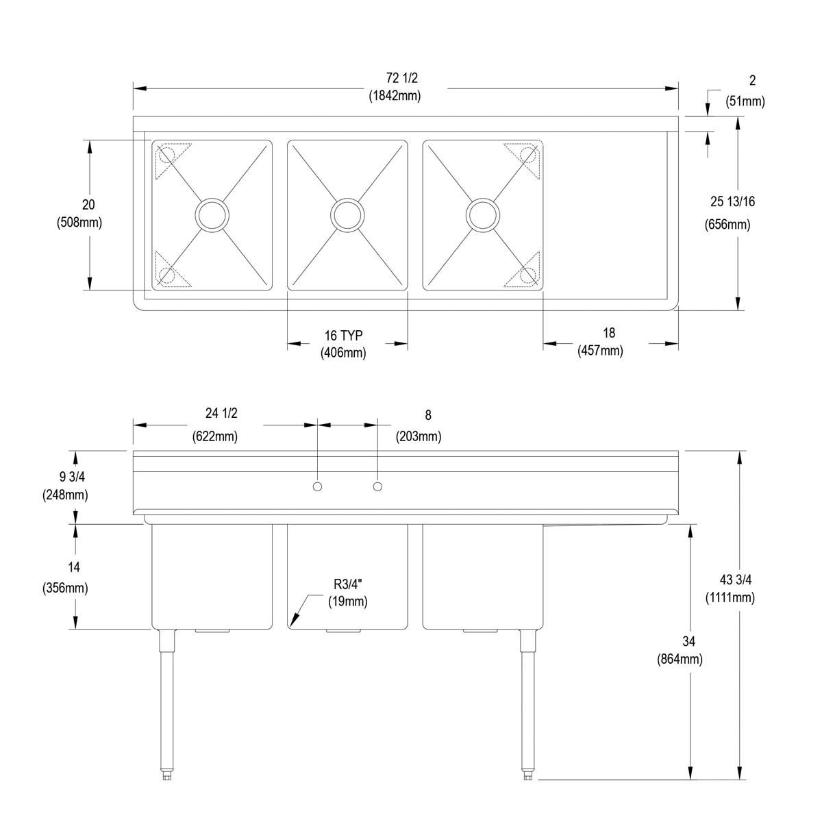 Elkay Dependabilt Stainless Steel 72-1/2" x 25-13/16" x 43-3/4" 16 Gauge Three Compartment Sink w/ 18" Right Drainboard and Stainless Steel Legs 14-3C16X20-R-18X