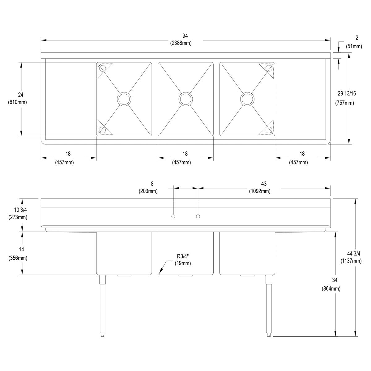 Elkay Dependabilt Stainless Steel 94" x 29-13/16" x 44-3/4" 16 Gauge Three Compartment Sink w/ 18" Left and Right Drainboards and Stainless Steel Legs 14-3C18X24-2-18X