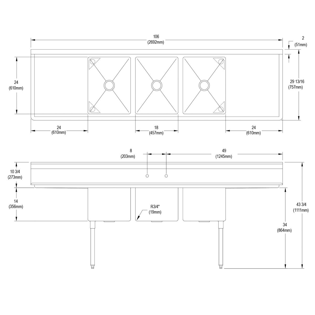 Elkay Dependabilt Stainless Steel 106" x 29-13/16" x 43-3/4" 16 Gauge Three Compartment Sink w/ 24" Left and Right Drainboards & Stainless Steel Legs 14-3C18X24-2-24X