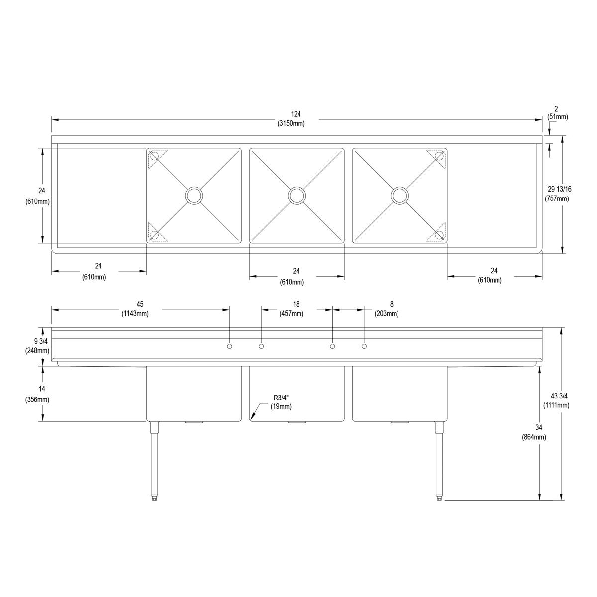 Elkay Dependabilt Stainless Steel 124" x 29-13/16" x 43-3/4" 16 Gauge Three Compartment Sink w/ 24" Left and Right Drainboards & Stainless Steel Legs 14-3C24X24-2-24X