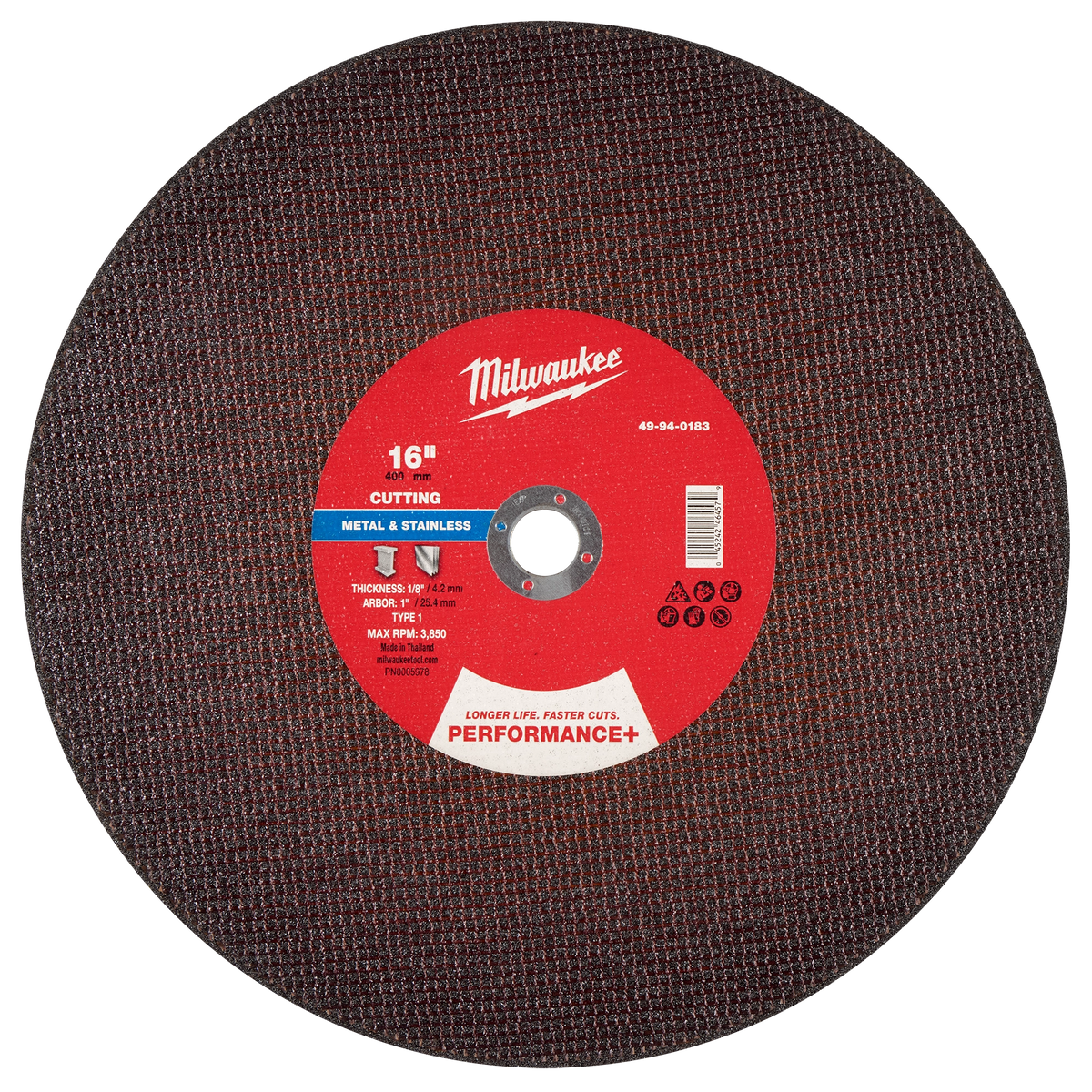 Milwaukee 49-94-0183 16" x 1/8" x 1" Performance+ Metal Cut Off Wheel - Type 1 (Pack of 10)