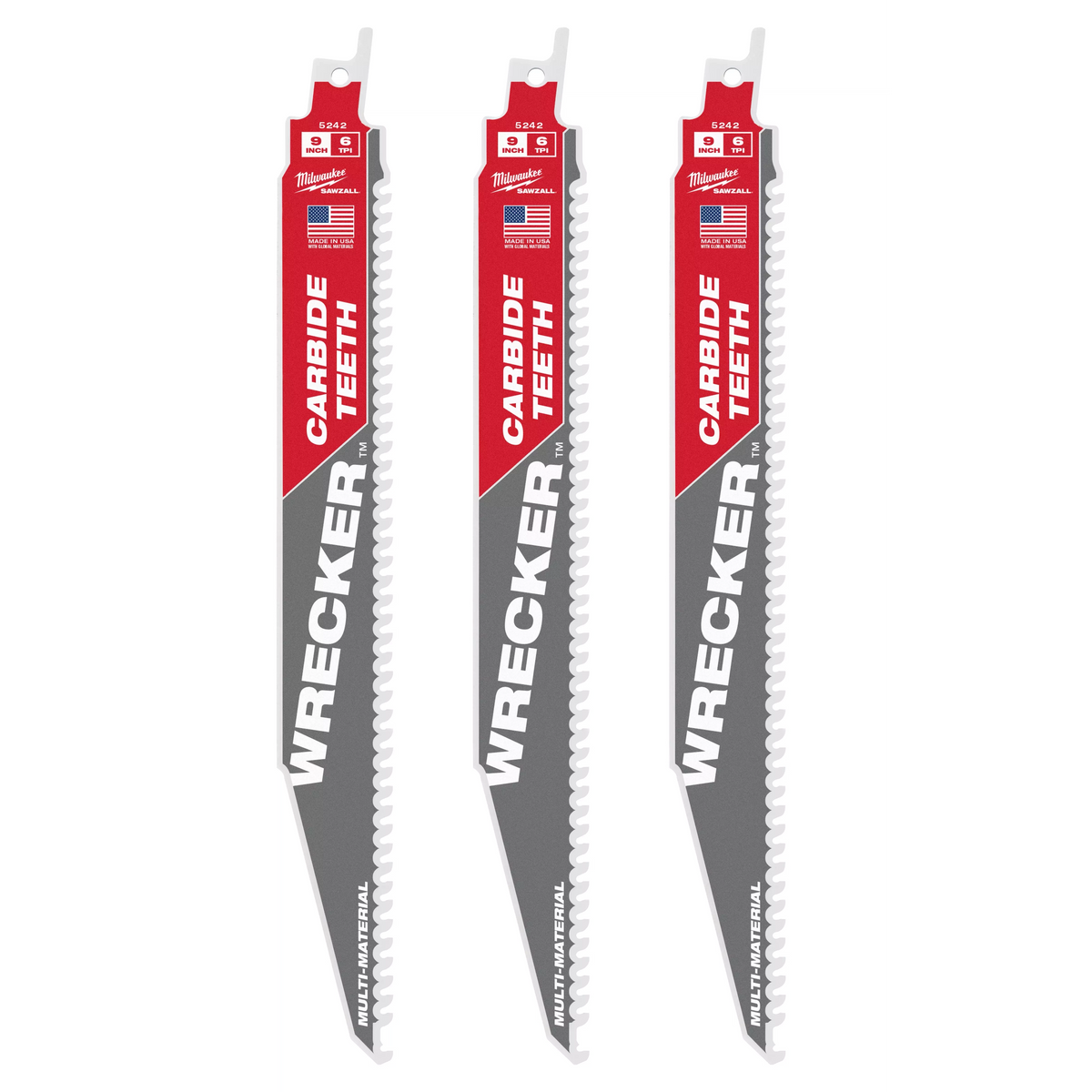 Milwaukee 48-00-5342 9" 6 TPI WRECKER with Carbide Teeth SAWZALL Blade for Multi-Material (3 PK)