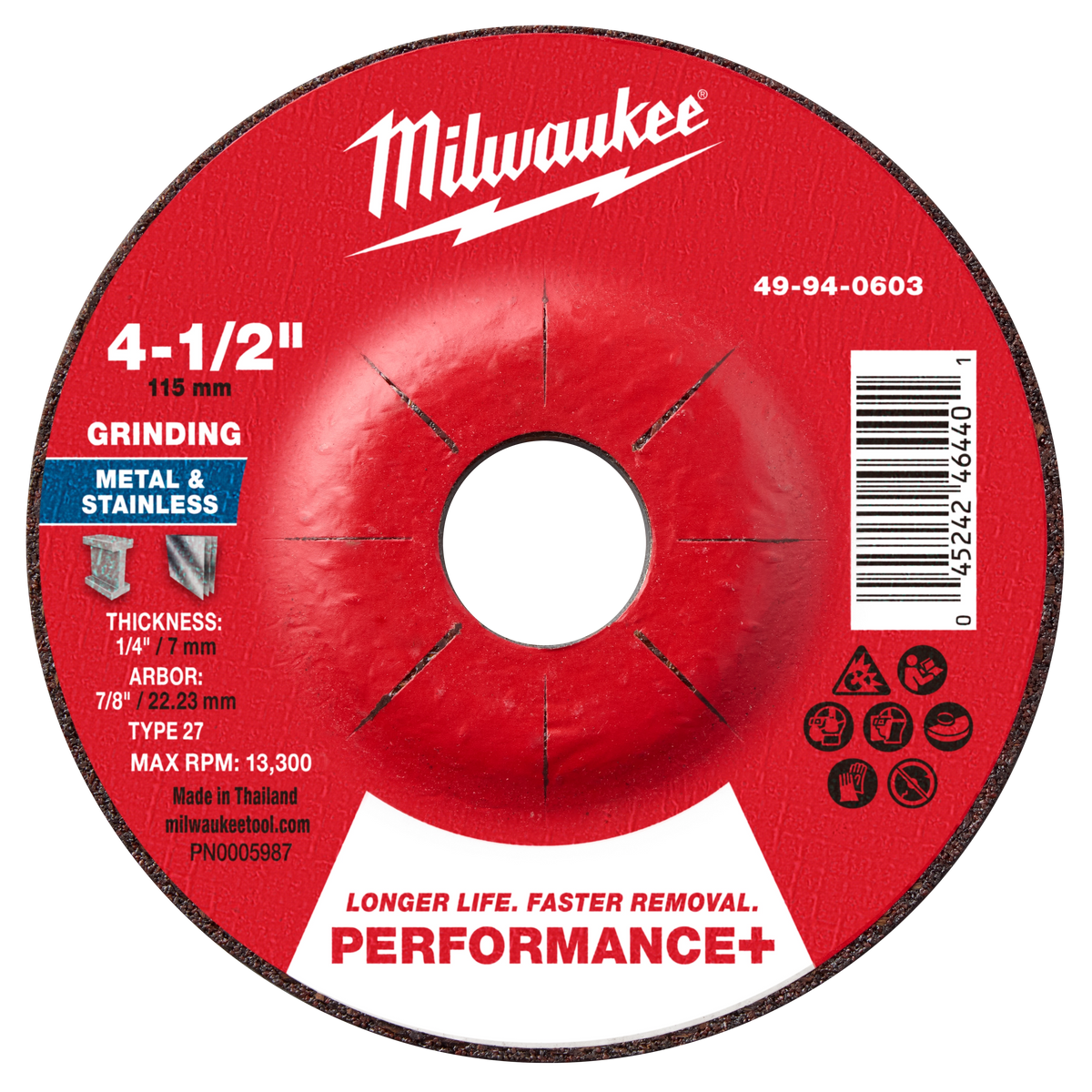 Milwaukee 49-94-0603 4-1/2" x 1/4" x 7/8" Performance+ Metal Grinding Wheel - Type 27 (Pack of 10)