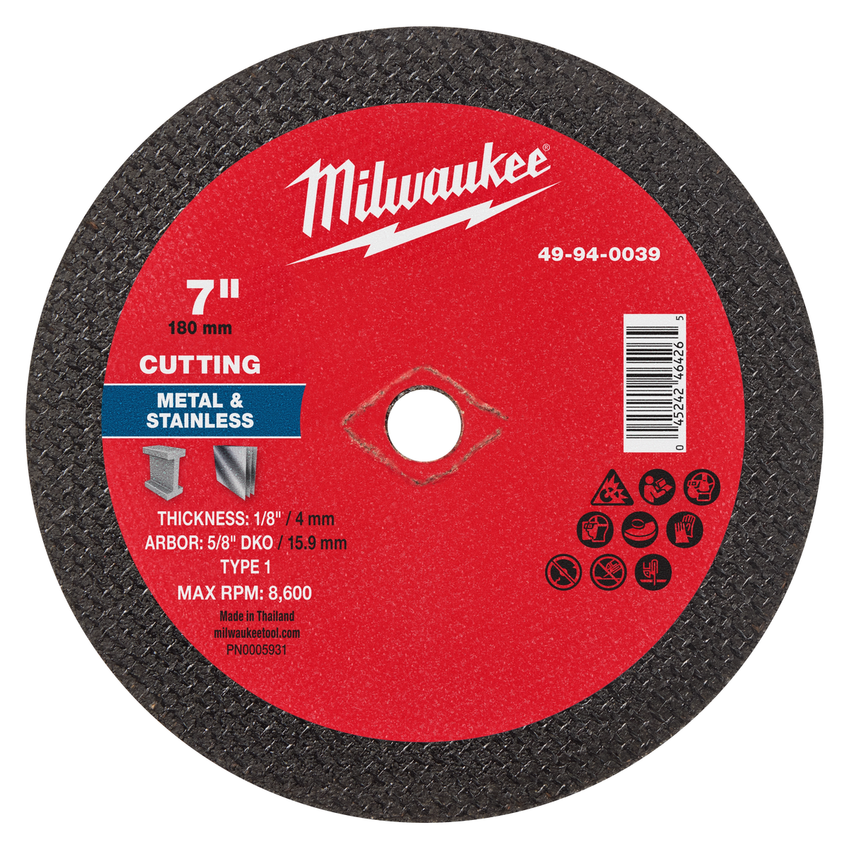 Milwaukee 49-94-0039 7" x 1/8" x 5/8" DKO Metal Cut Off Wheel -Type 1 (Pack of 10)