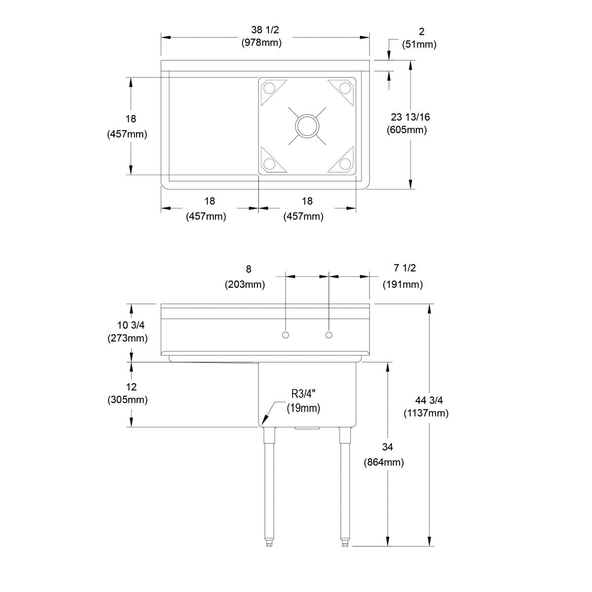 Elkay Dependabilt Stainless Steel 38-1/2" x 23-13/16" x 44-3/4" 16 Gauge One Compartment Sink w/ 18" Left Drainboard and Stainless Steel Legs 1C18X18-L-18X