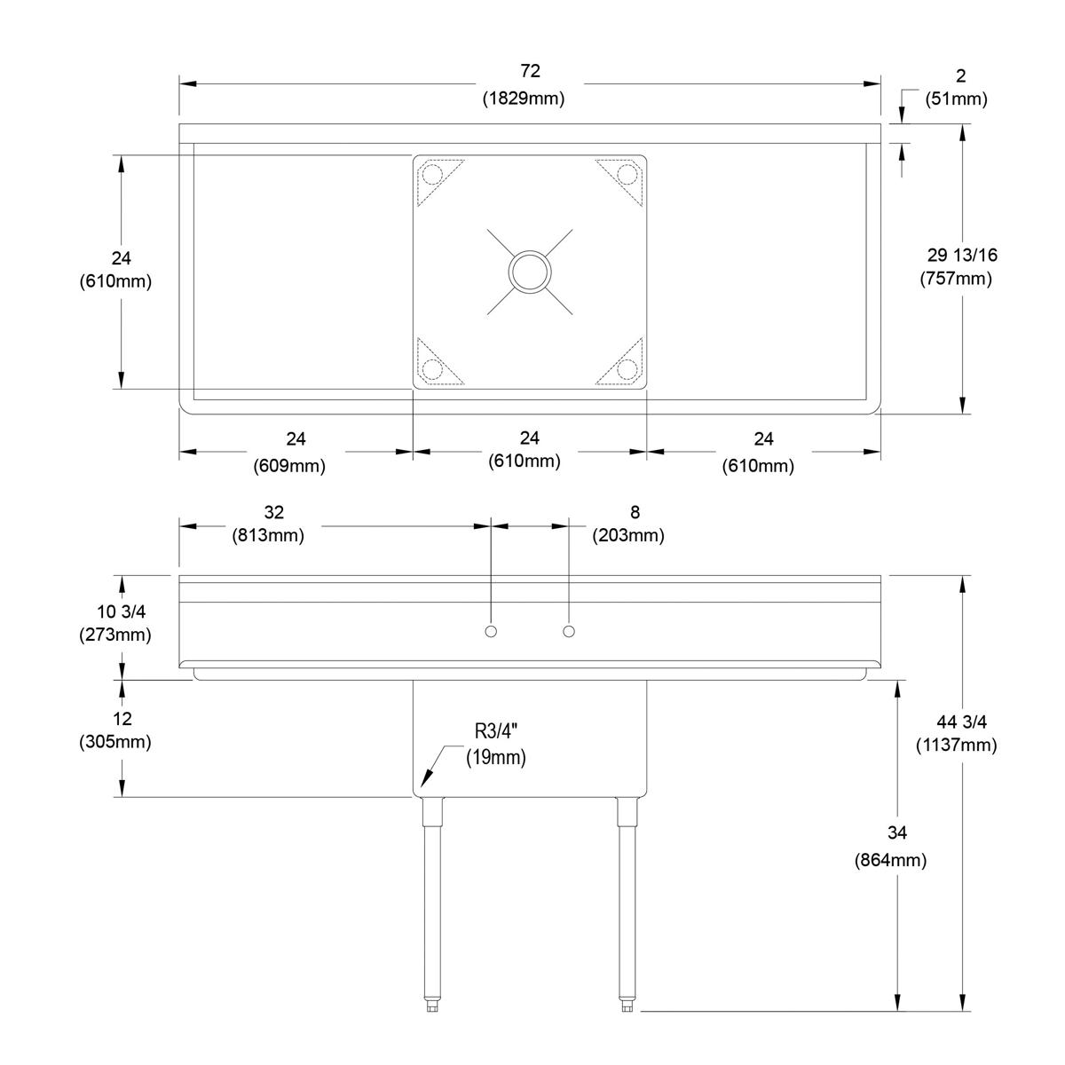 Elkay Dependabilt Stainless Steel 72" x 29-13/16" x 44-3/4" 16 Gauge One Compartment Sink w/ 24" Left and Right Drainboards and Stainless Steel Legs 1C24X24-2-24X