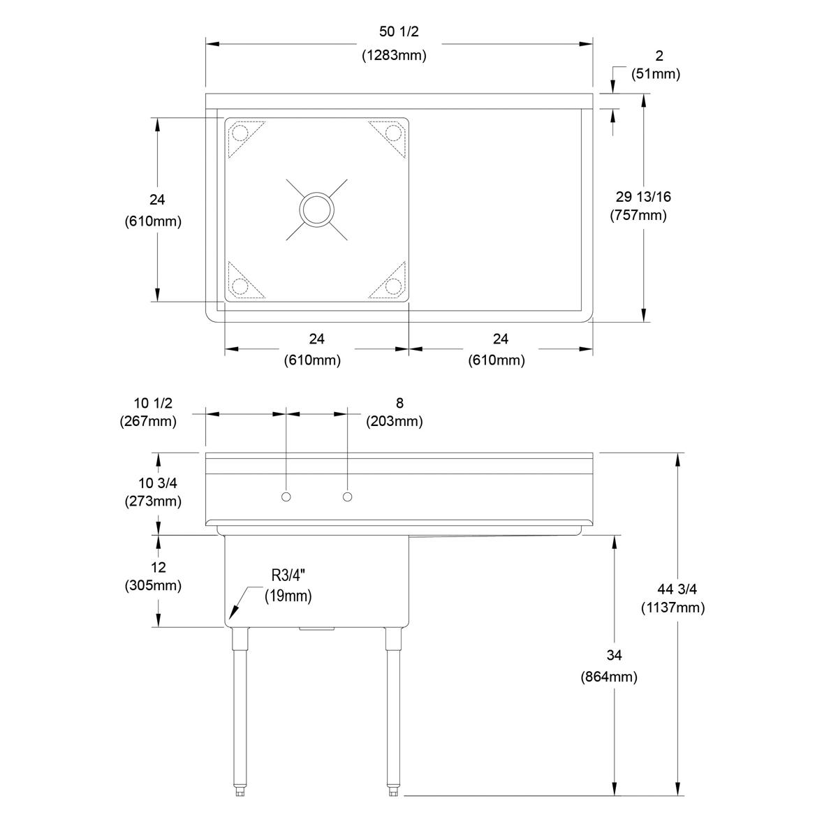 Elkay Dependabilt Stainless Steel 50-1/2" x 29-13/16" x 44-3/4" 16 Gauge One Compartment Sink w/ 24" Right Drainboard and Stainless Steel Legs 1C24X24-R-24X