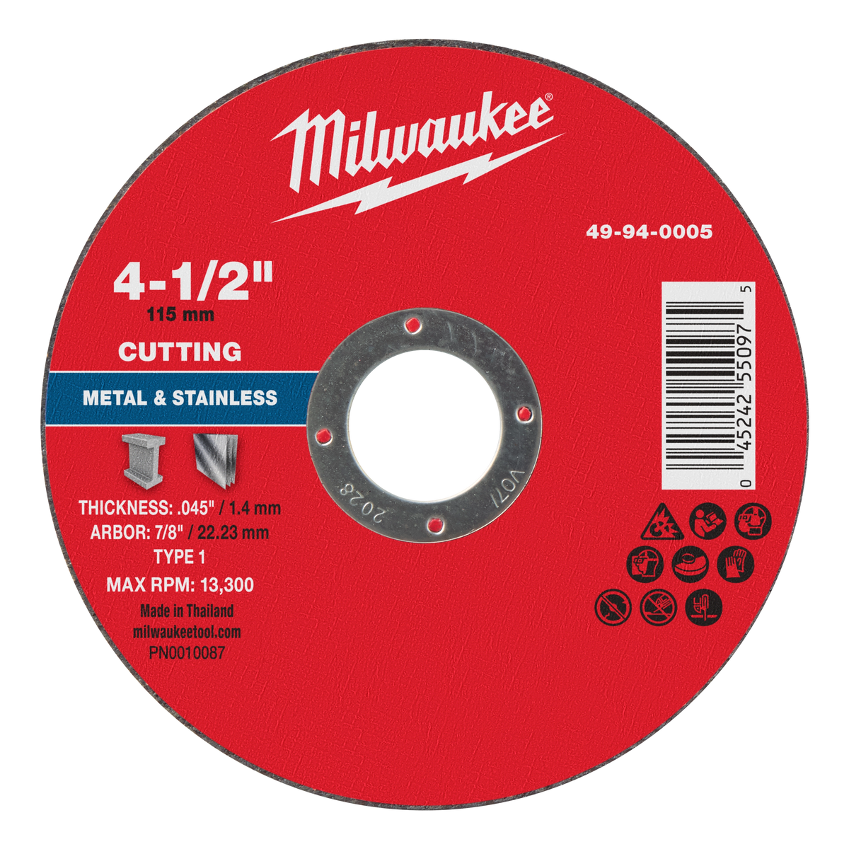 Milwaukee 49-94-0005 4-1/2" x .045" x 7/8" Metal Cut Off Wheel -Type 1 (Pack of 100)