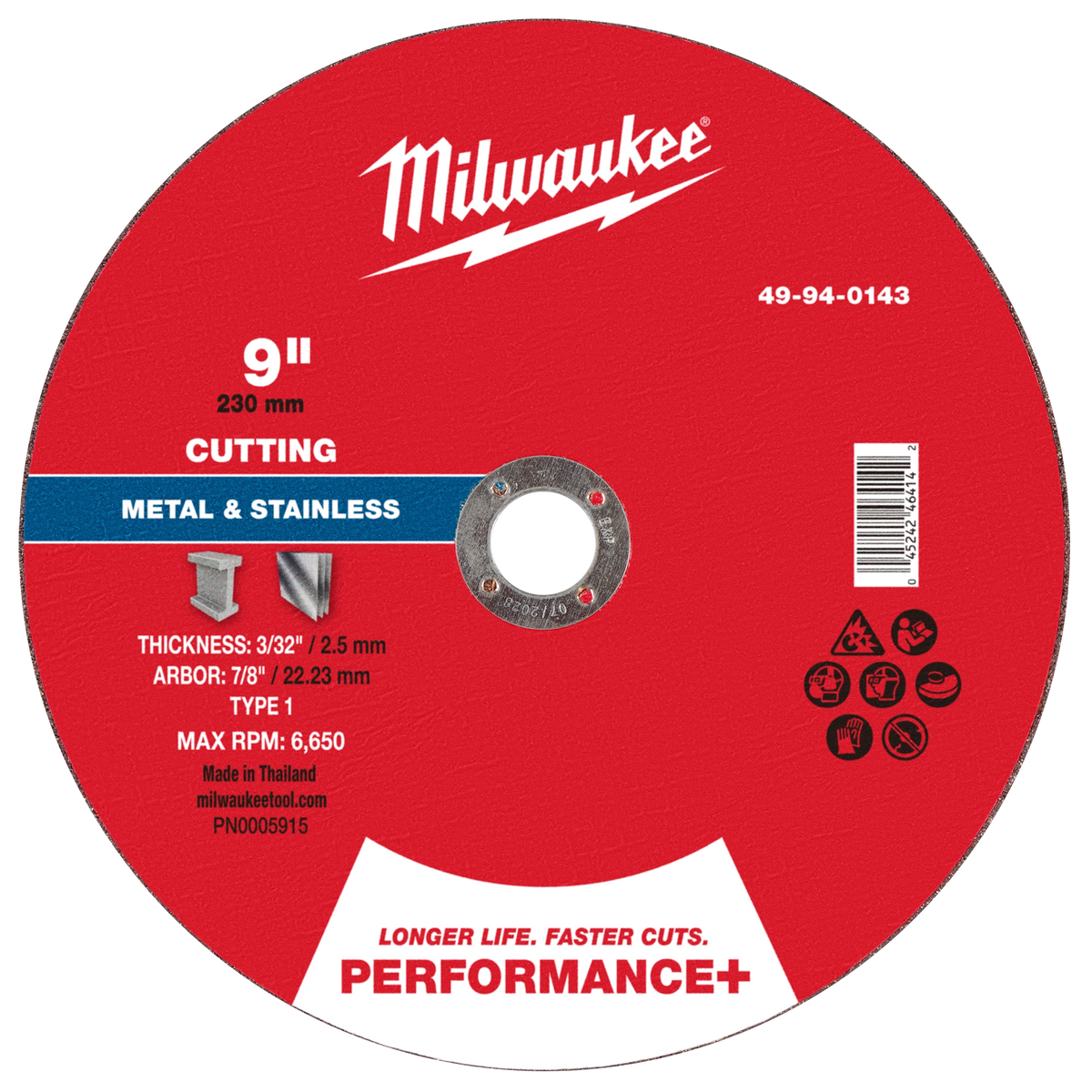 Milwaukee 49-94-0143 9" x 3/32" x 7/8" Performance+ Metal Cut Off Wheel - Type 1 (Pack of 10)