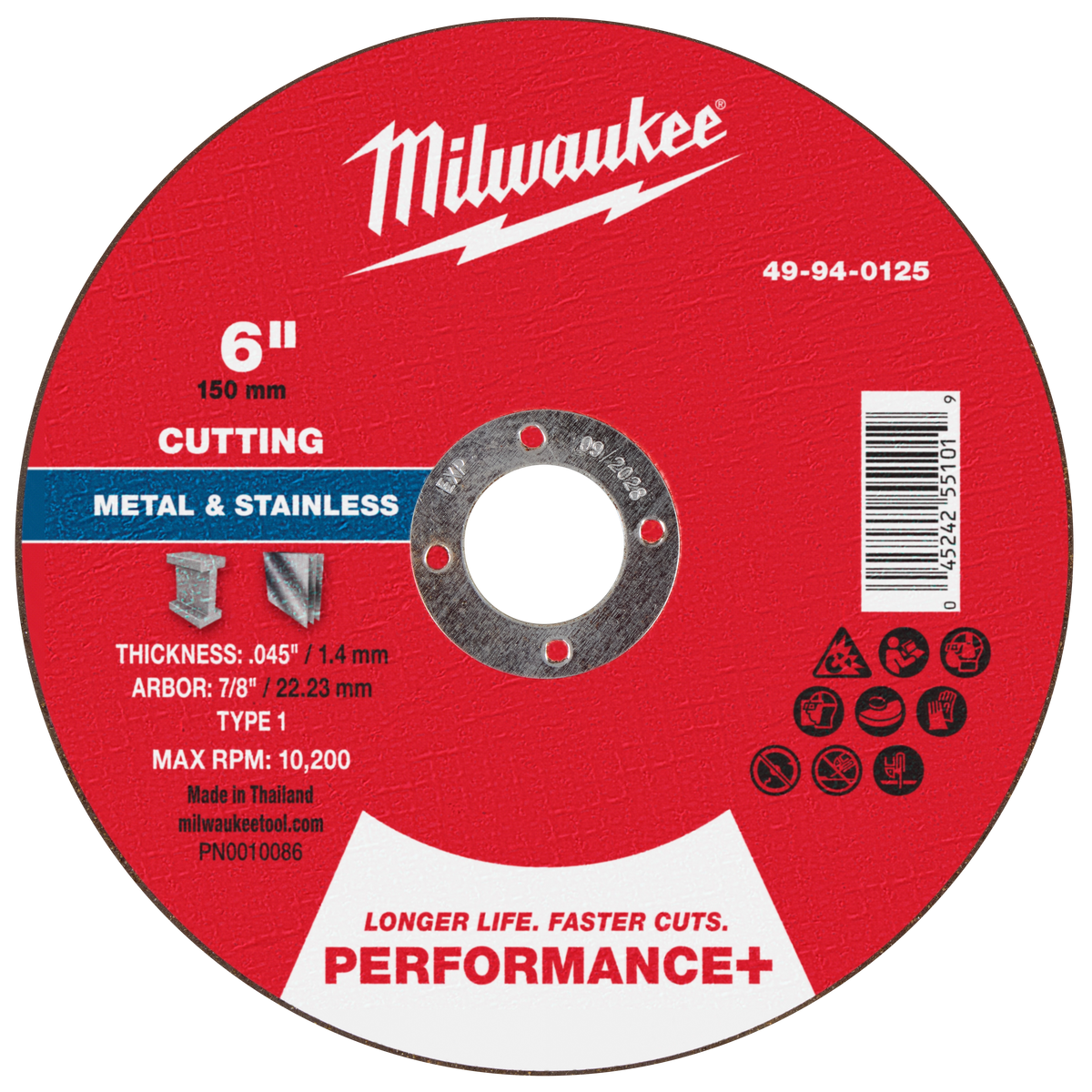 Milwaukee 49-94-0125 6" x .045" x 7/8" Performance+ Metal Cut Off Wheel - Type 1 (Pack of 100)
