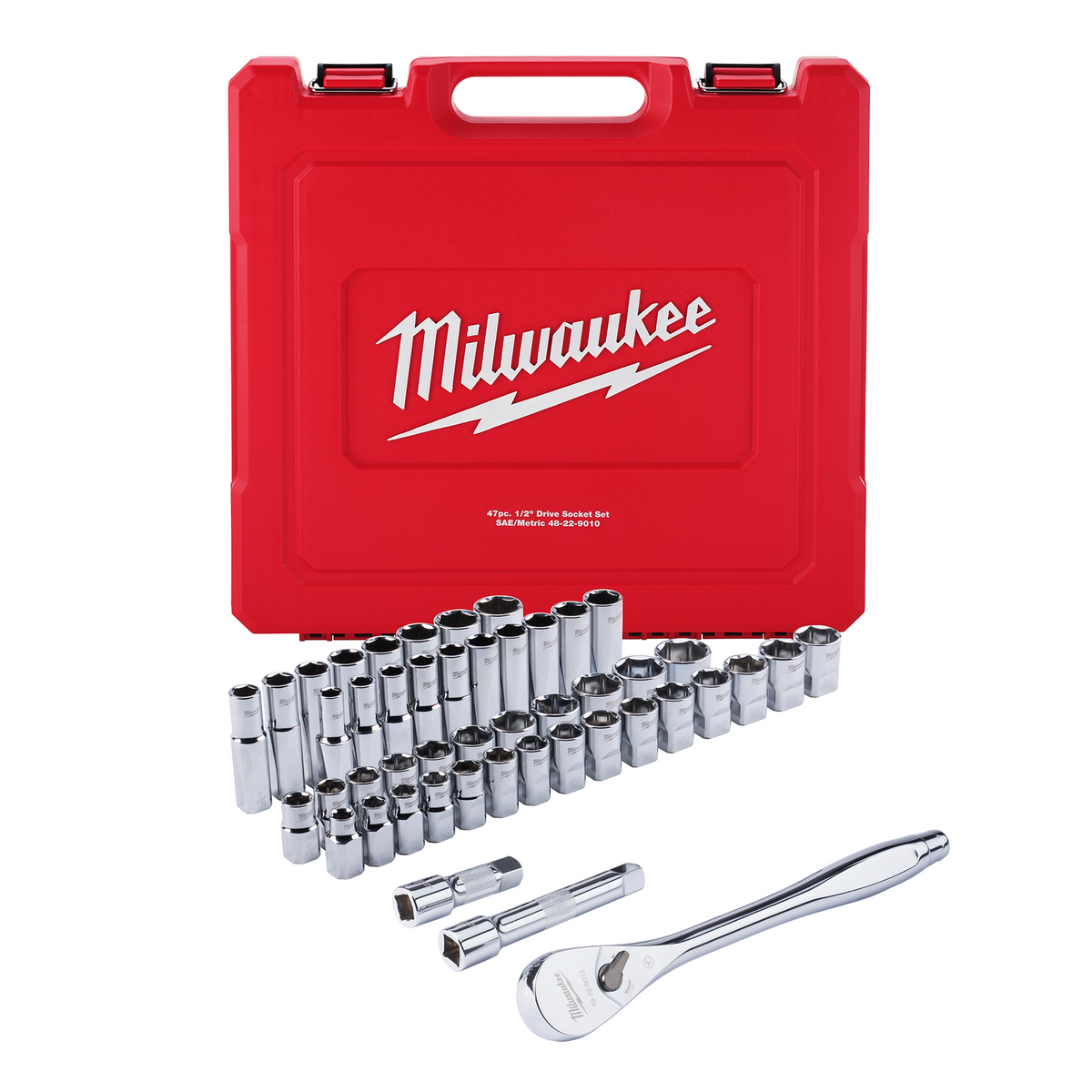 Milwaukee 48-22-9010 47pc 1/2" Drive Metric & SAE Ratchet and Socket Set with FOUR FLAT Sides