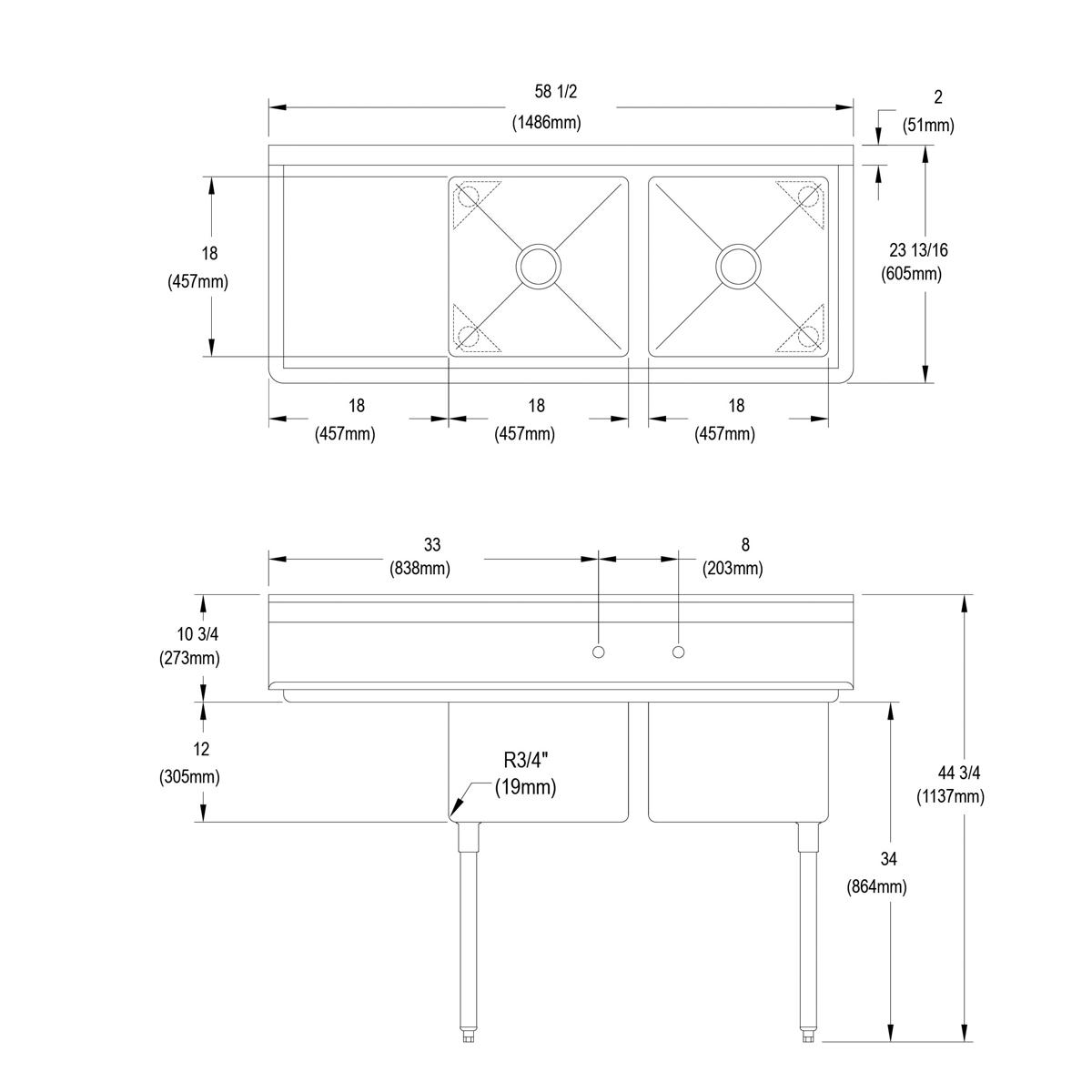 Elkay Dependabilt Stainless Steel 58-1/2" x 23-13/16" x 44-3/4" 16 Gauge Two Compartment Sink w/ 18" Left Drainboard and Stainless Steel Legs 2C18X18-L-18X