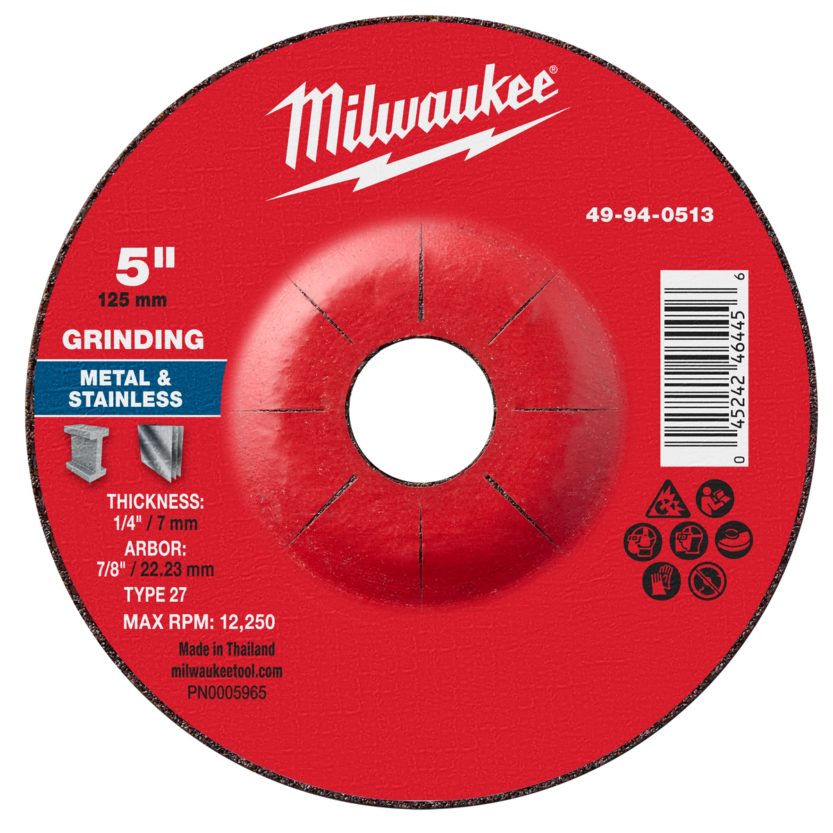 Milwaukee 49-94-0513 5" x 1/4" x 7/8" Metal Grinding Wheel - Type 27 (Pack of 10)