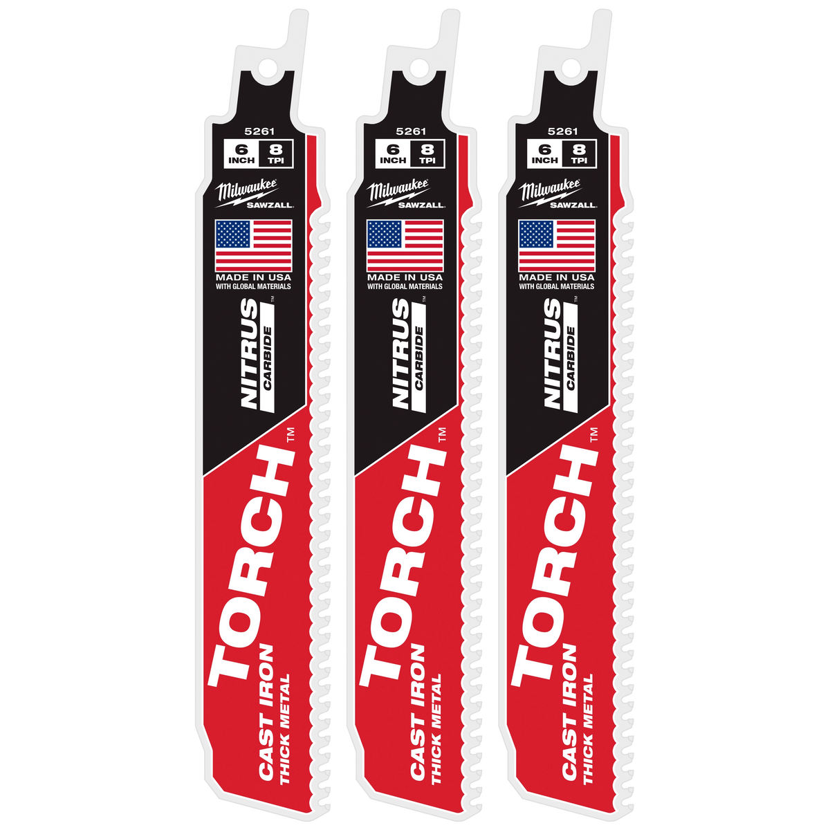 Milwaukee 48-00-5361 6" 8 TPI TORCH with NITRUS Carbide SAWZALL Blade for Cast Iron (3 PK)