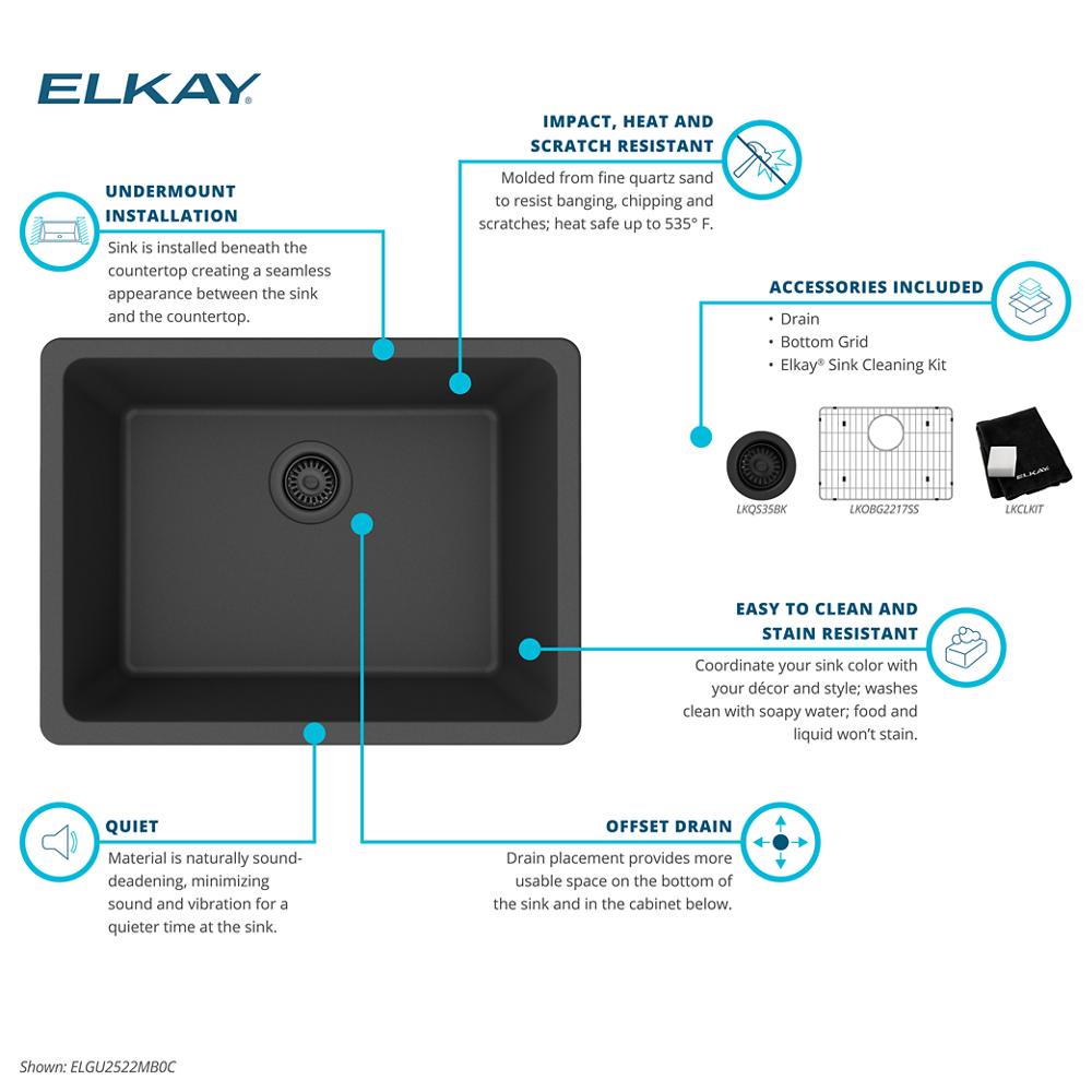 Elkay Quartz Classic 24-5/8" x 18-1/2" x 9-1/2" Single Bowl Undermount Sink Kit Matte Black ELGU2522MB0C