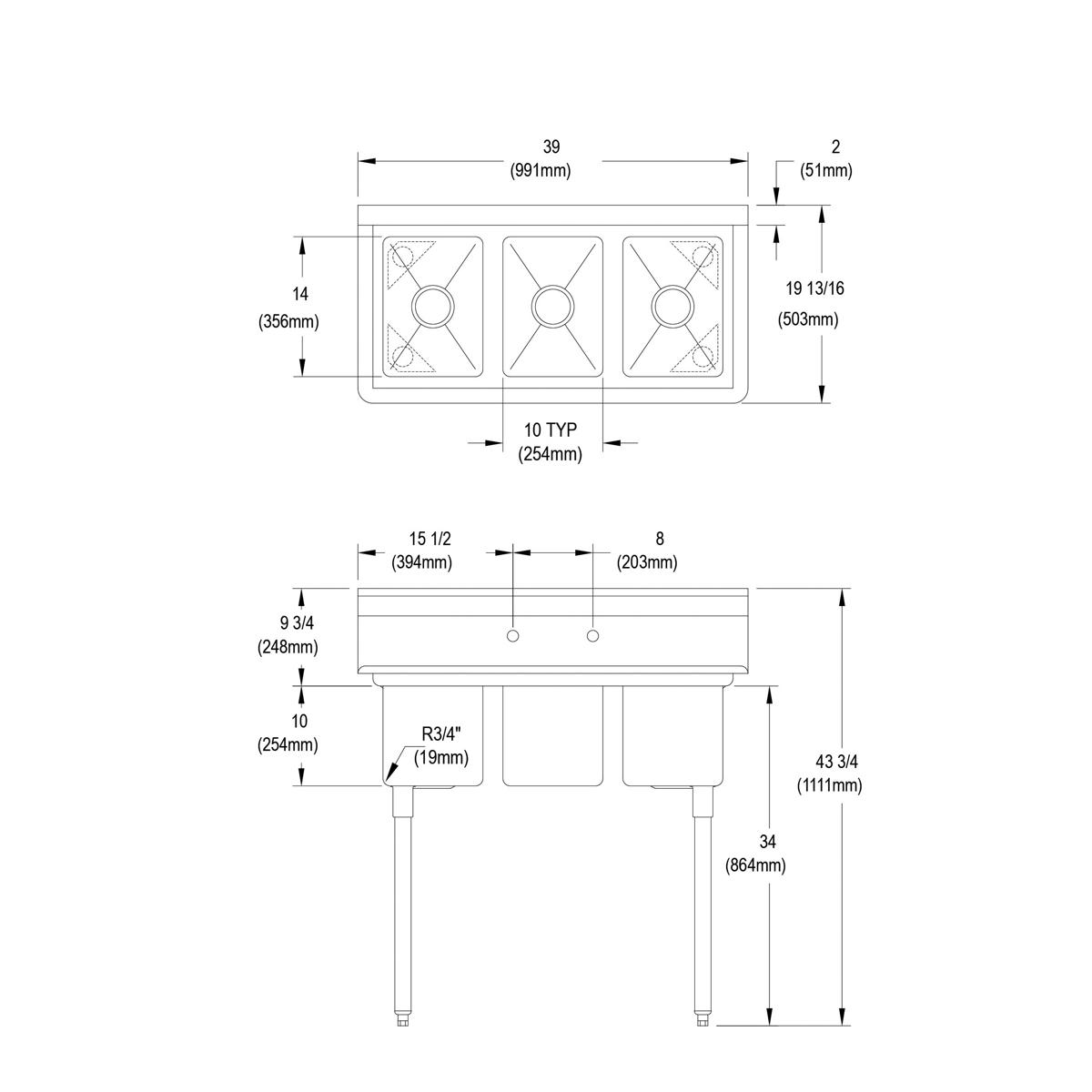 Elkay Dependabilt Stainless Steel 39" x 19-13/16" x 43-3/4" 16 Gauge Three Compartment Sink with Stainless Steel Legs 3C10X14-0X