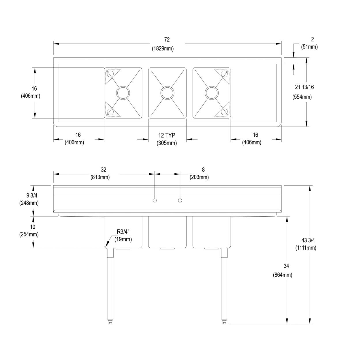 Elkay Dependabilt Stainless Steel 72" x 21-13/16" x 43-3/4" 16 Gauge Three Compartment Sink w/ 16" Left and Right Drainboards and Stainless Steel Legs 3C12X16-2-16X