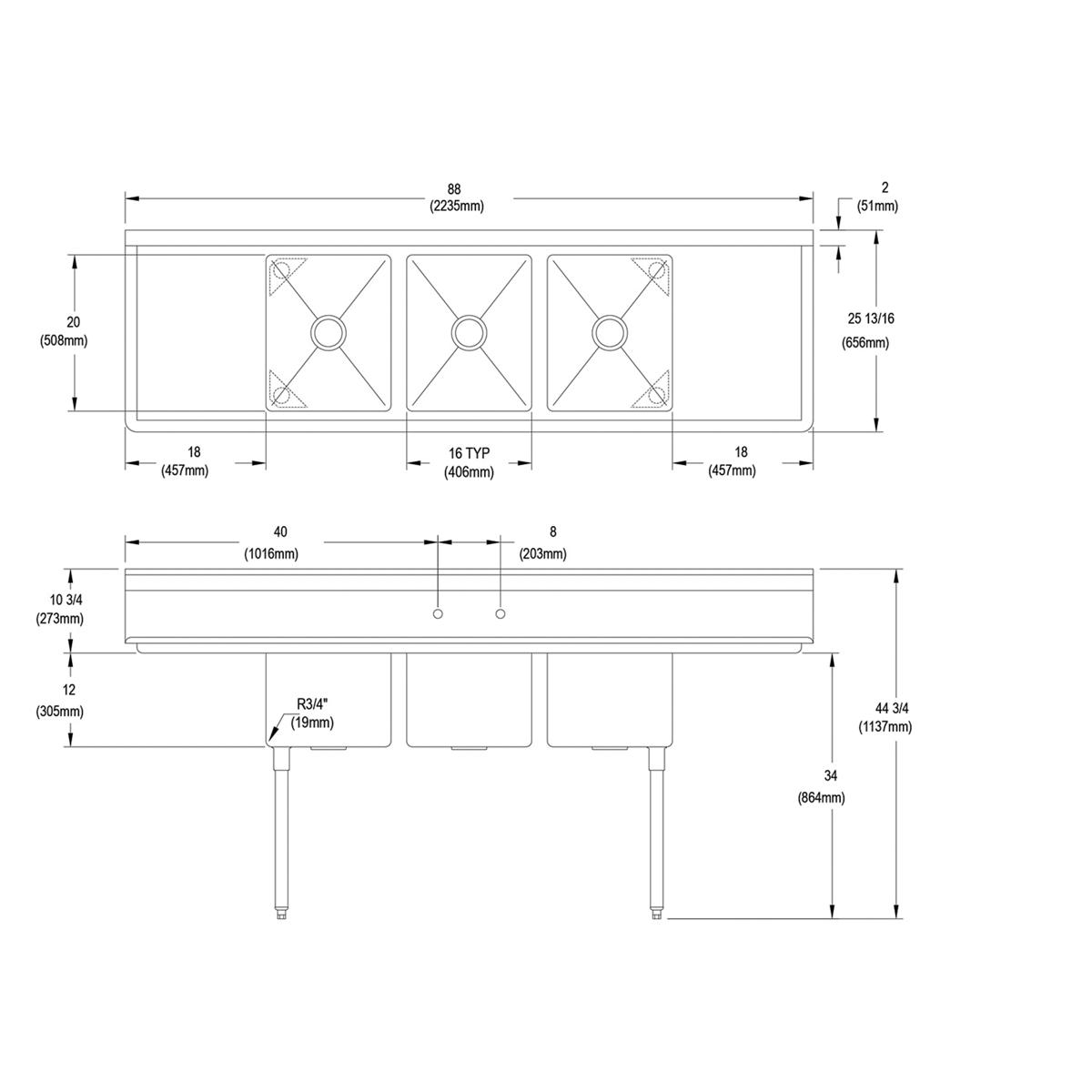 Elkay Dependabilt Stainless Steel 88" x 25-13/16" x 44-3/4" 16 Gauge Three Compartment Sink w/ 18" Left and Right Drainboards and Stainless Steel Legs 3C16X20-2-18X