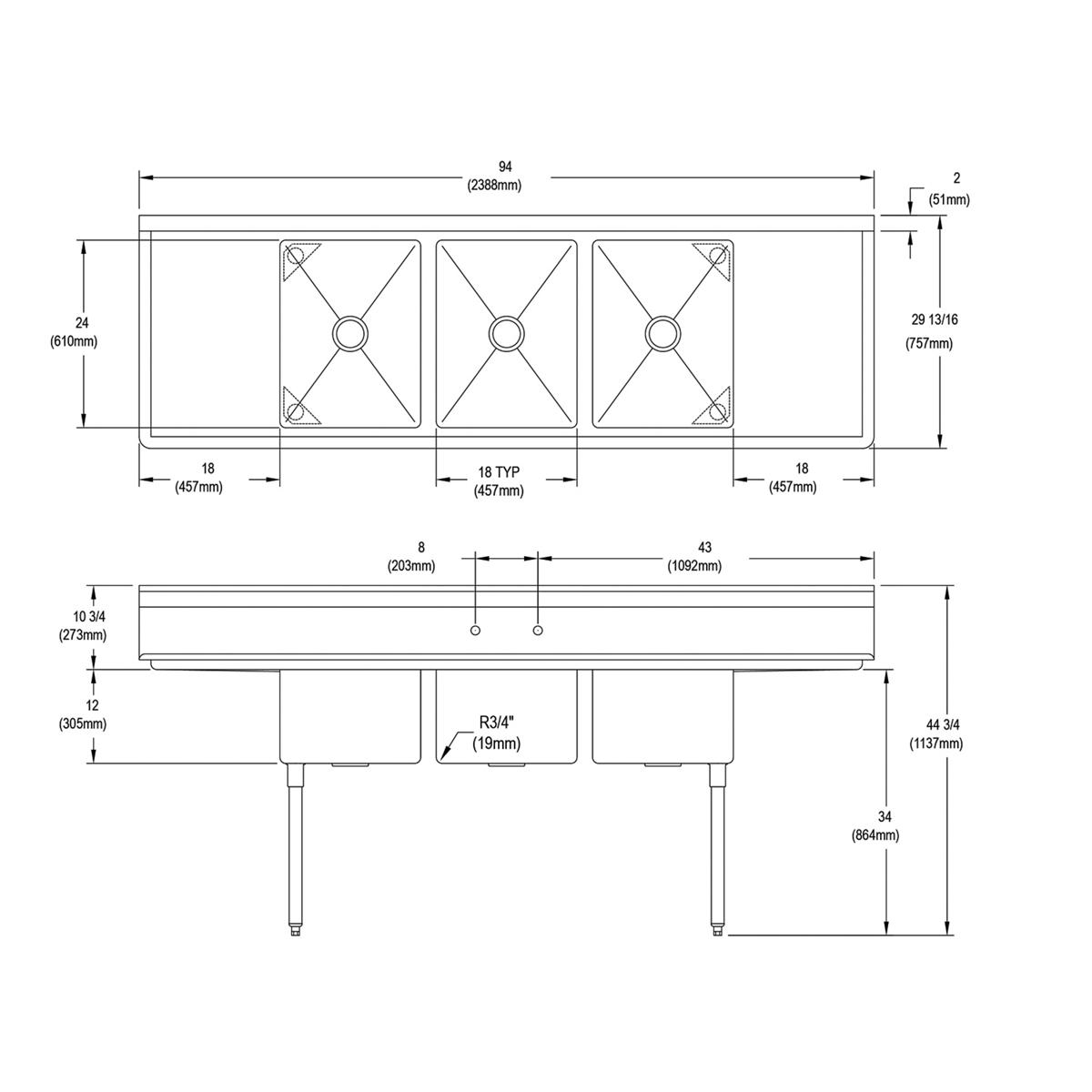 Elkay Dependabilt Stainless Steel 94" x 29-13/16" x 44-3/4" 16 Gauge Three Compartment Sink w/ 18" Left and Right Drainboards and Stainless Steel Legs 3C18X24-2-18X