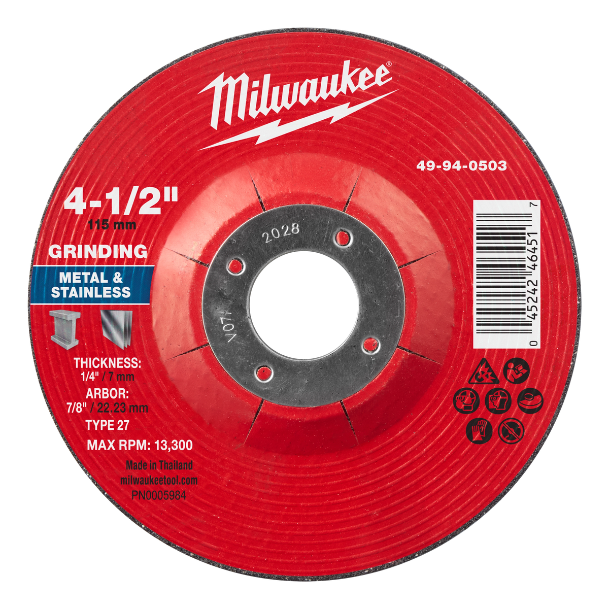 Milwaukee 49-94-0503 4-1/2" x 1/4" x 7/8" Metal Grinding Wheel - Type 27 (Pack of 10)