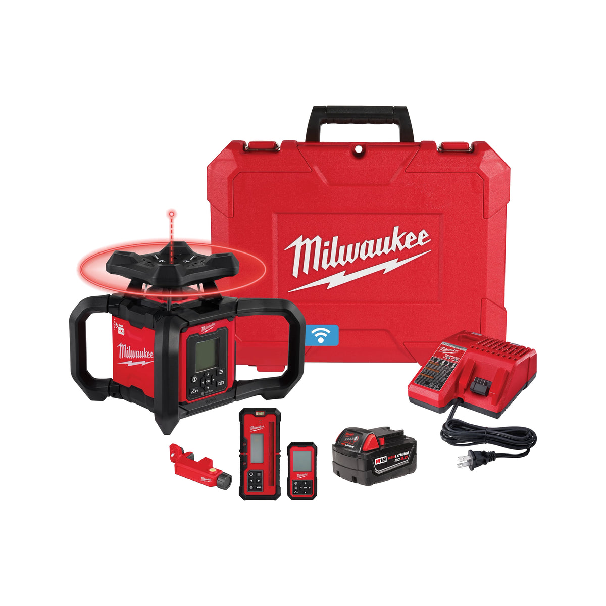 Milwaukee 3704-21 M18 Red Exterior Dual Slope Rotary Laser Level Kit w/ Receiver & Remote