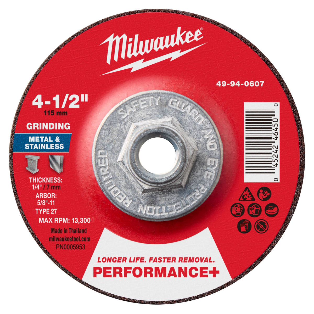 Milwaukee 49-94-0607 4-1/2" x 1/4" x 5/8"-11 Performance+ Metal Grinding Wheel - Type 27 (Pack of 5)