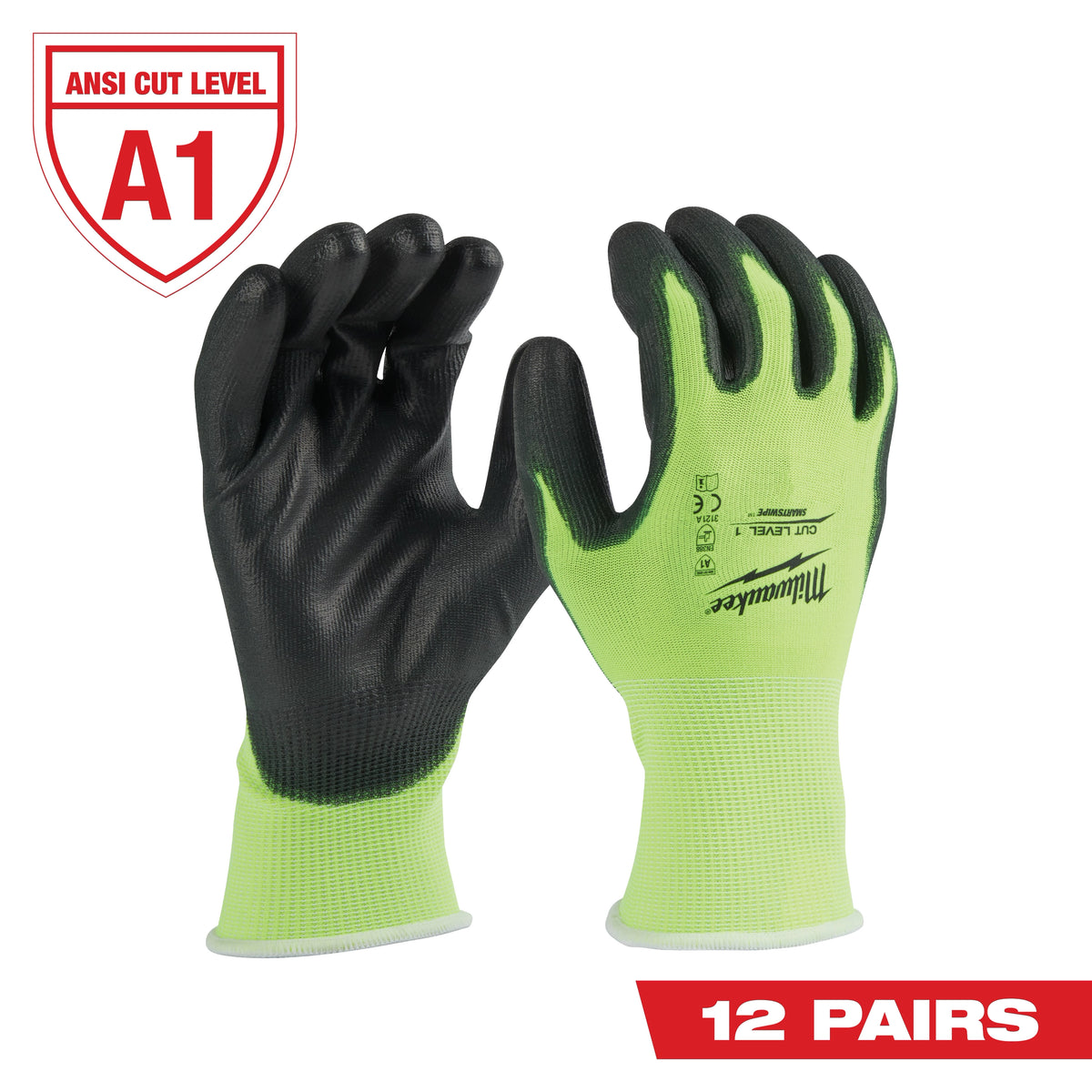 Milwaukee 48-73-8911B 12 Pair High Visibility Cut Level 1 Polyurethane Dipped Gloves - M