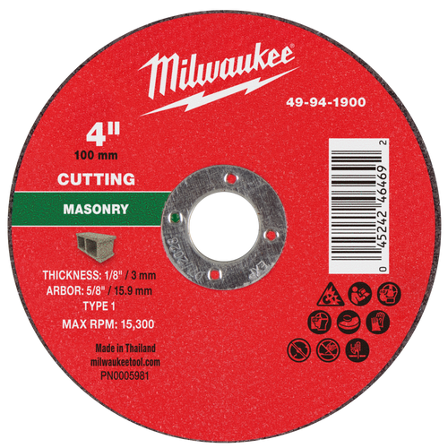 Milwaukee 49-94-1900 4" x 1/8" x 5/8" Masonry Cut Off Wheel -Type 1 (Pack of 25)