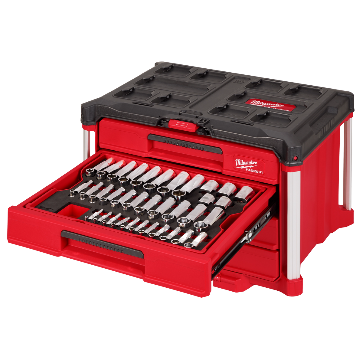 Milwaukee 48-22-9491 242pc. 1/4”, 3/8”, & 1/2” Drive Metric & SAE Ratchet & Socket Set with PACKOUT 4-Drawer Tool Box