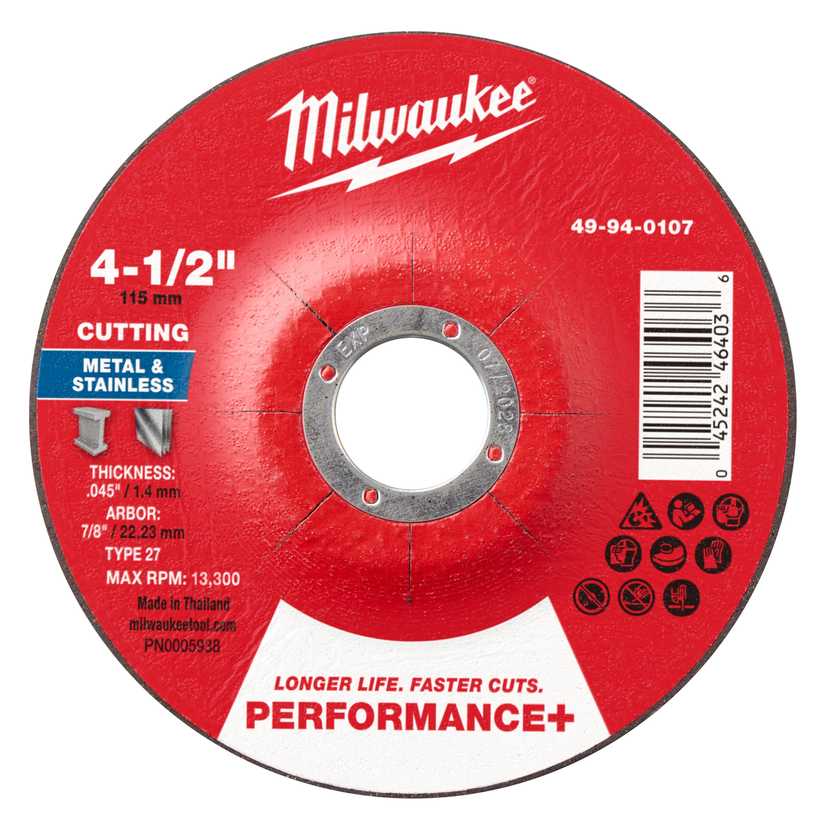 Milwaukee 49-94-0107 4-1/2" x .045" x 7/8" Performance+ Metal Cut Off Wheel - Type 27 (Pack of 25)