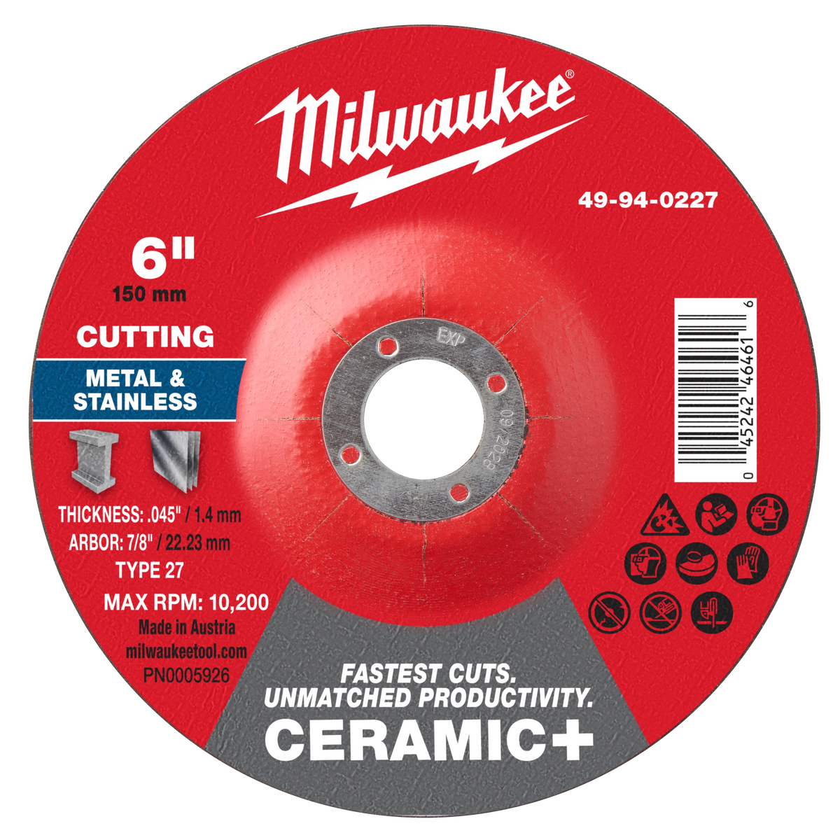 Milwaukee 49-94-0227 6" x .045" x 7/8" Ceramic+ Metal Cut Off Wheel -Type 27 (Pack of 25)