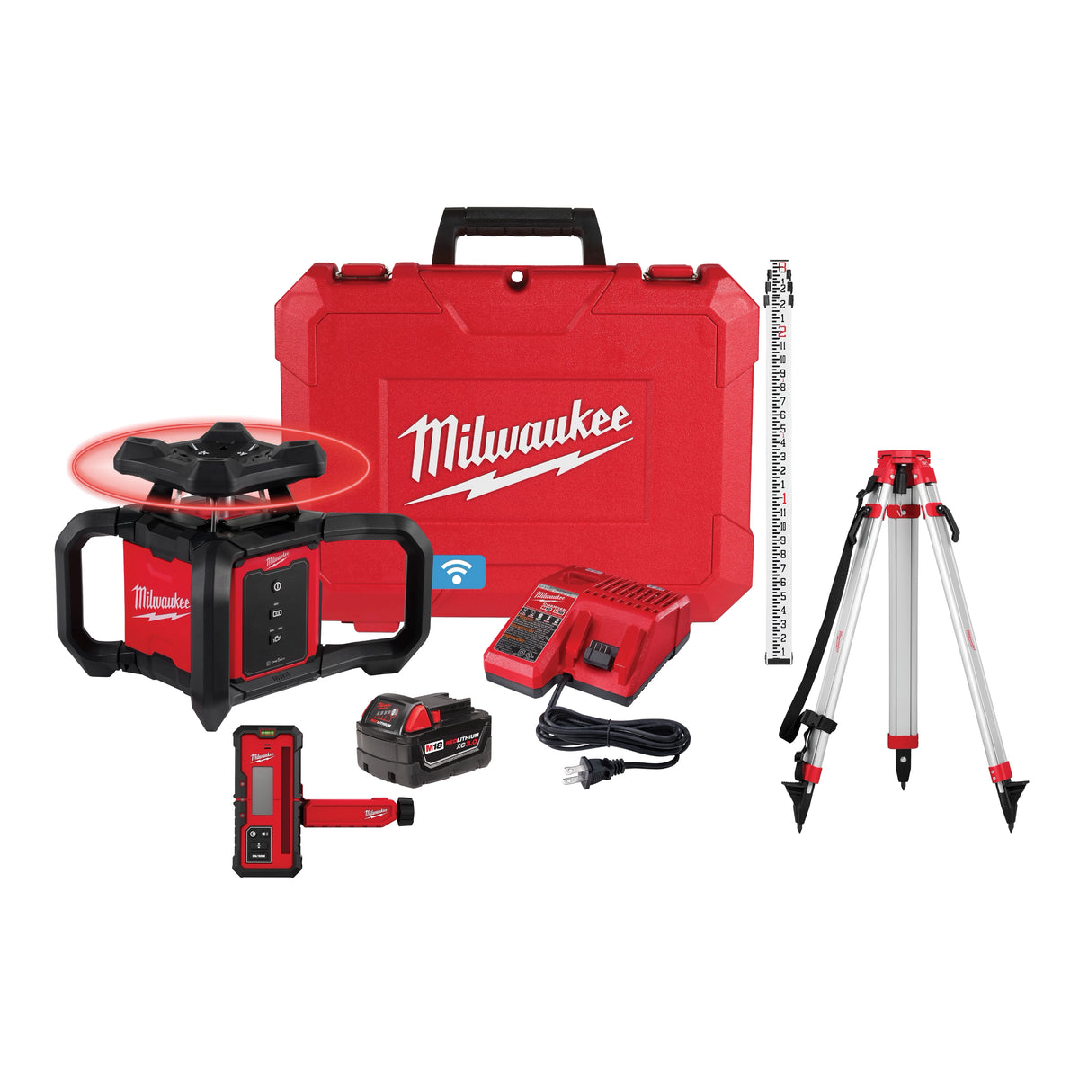 Milwaukee 3701-21T M18 Red Exterior Rotary Laser Level Kit w/ Receiver, Tripod, & Grade Rod