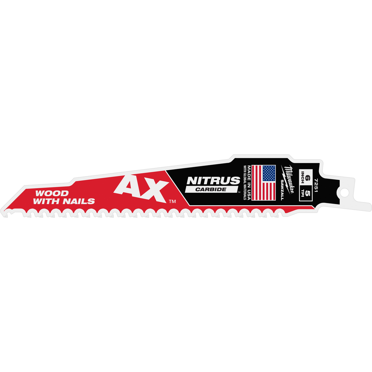 Milwaukee 48-00-7251 6" 5 TPI AX w/NITRUS Carbide Teeth SAWZALL Blade for Wood with Nails (Pack of 5)