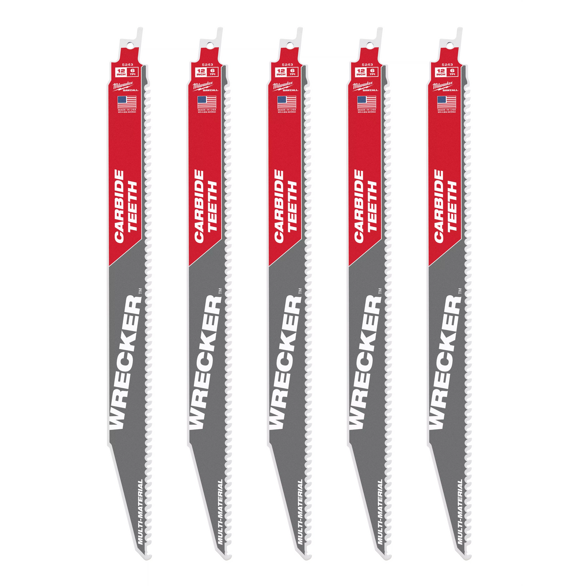 Milwaukee 48-00-5543 12" 6 TPI WRECKER with Carbide Teeth SAWZALL Blade for Multi-Material (5 PK)
