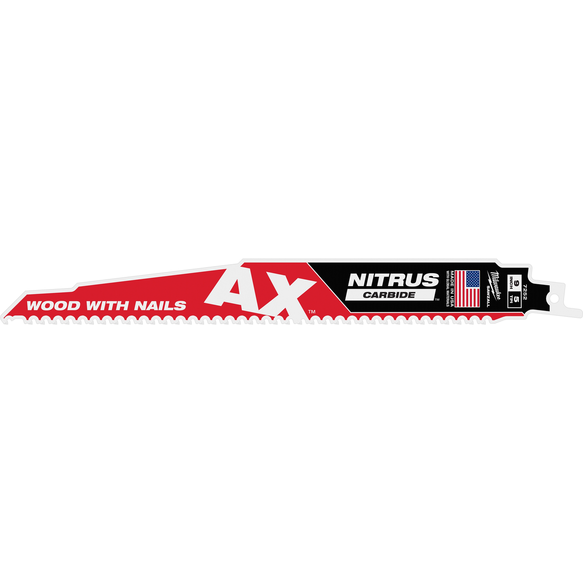 Milwaukee 48-00-7252 9" 5 TPI AX w/NITRUS Carbide Teeth SAWZALL Blade for Wood with Nails (Pack of 5)