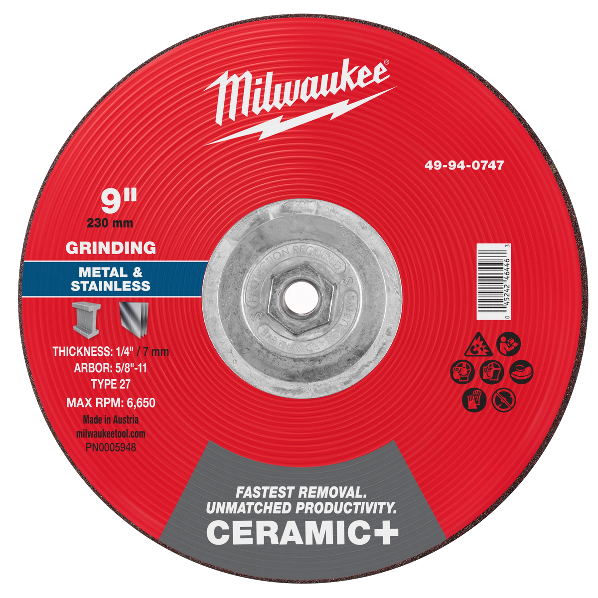 Milwaukee 49-94-0747 9" x 1/4" x 5/8"-11 Ceramic+ Metal Grinding Wheel - Type 27 (Pack of 5)