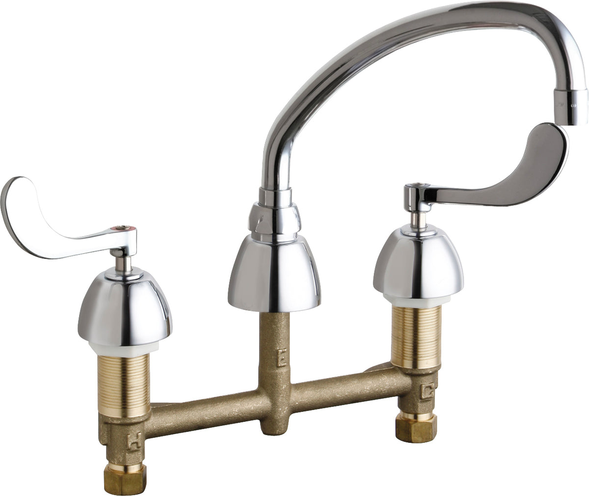 Chicago Faucets 786-L9E73ABCP Lead-Free Deck-mounted manual faucet with 8" centers, Brass, NPSM