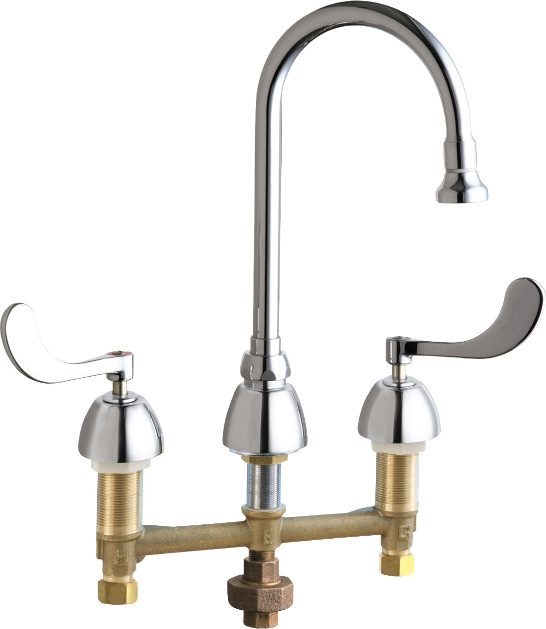 Chicago Faucets 786-TWABCP Lead-Free Deck-mounted manual faucet with 8" centers, Brass, NPSM