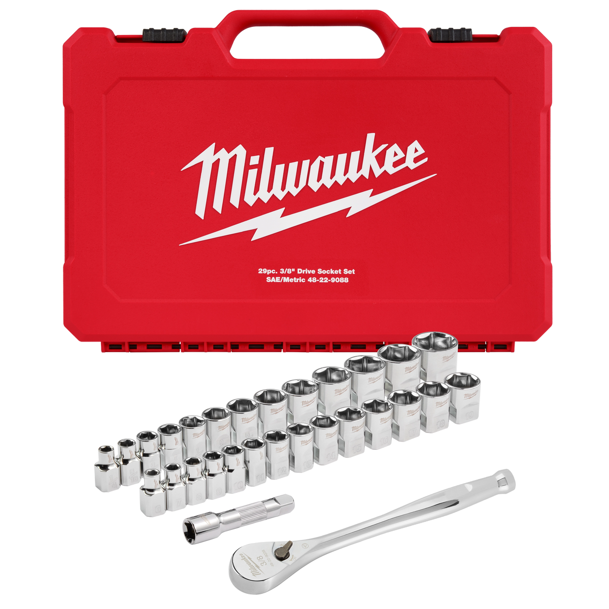 Milwaukee 48-22-9088 29pc 3/8" Drive Metric & SAE Ratchet and Socket Set with FOUR FLAT SIDES