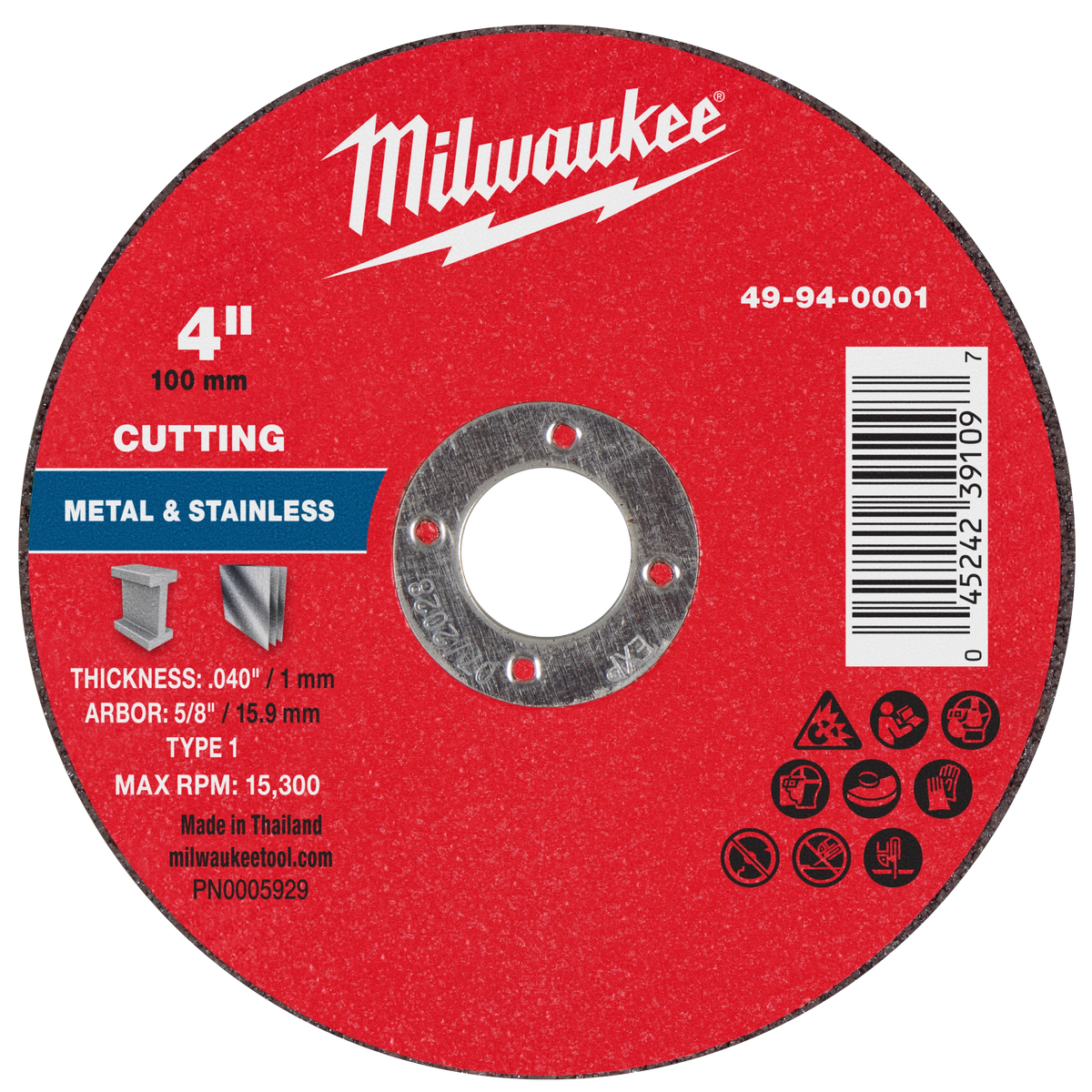 Milwaukee 49-94-0001 4" x .040" x 5/8" Metal Cut Off Wheel -Type 1 (Pack of 25)